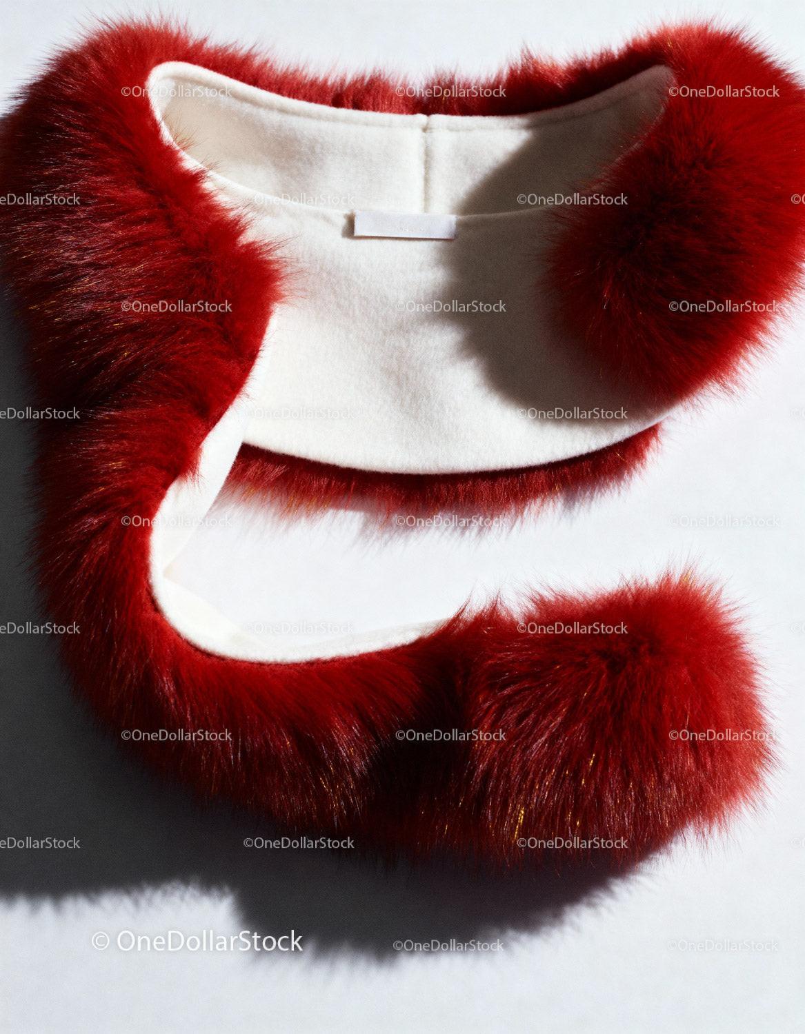 Elegant White Scarf with Red Fur Trim Detail