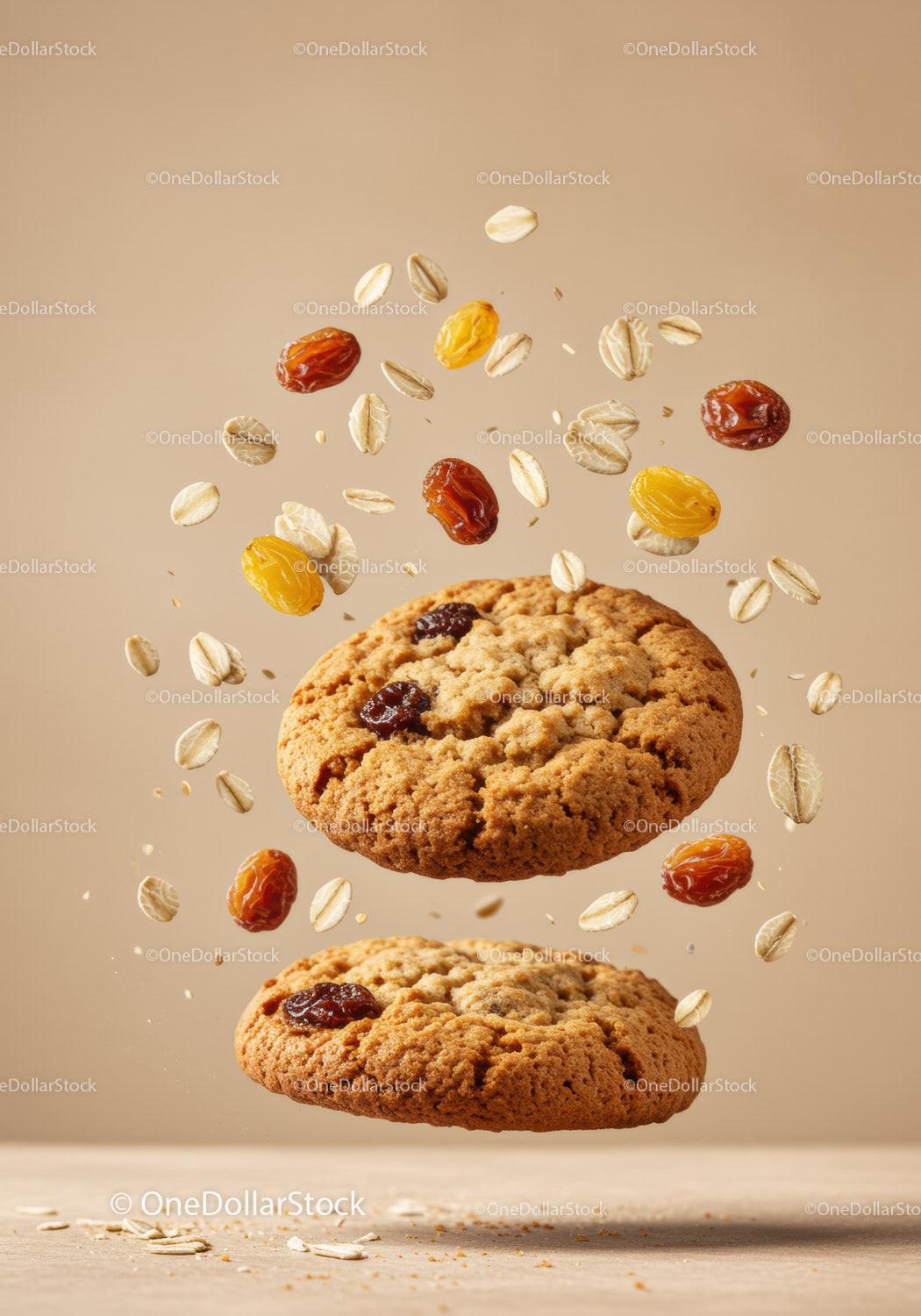 Oatmeal raisin cookies with flying oats and raisins