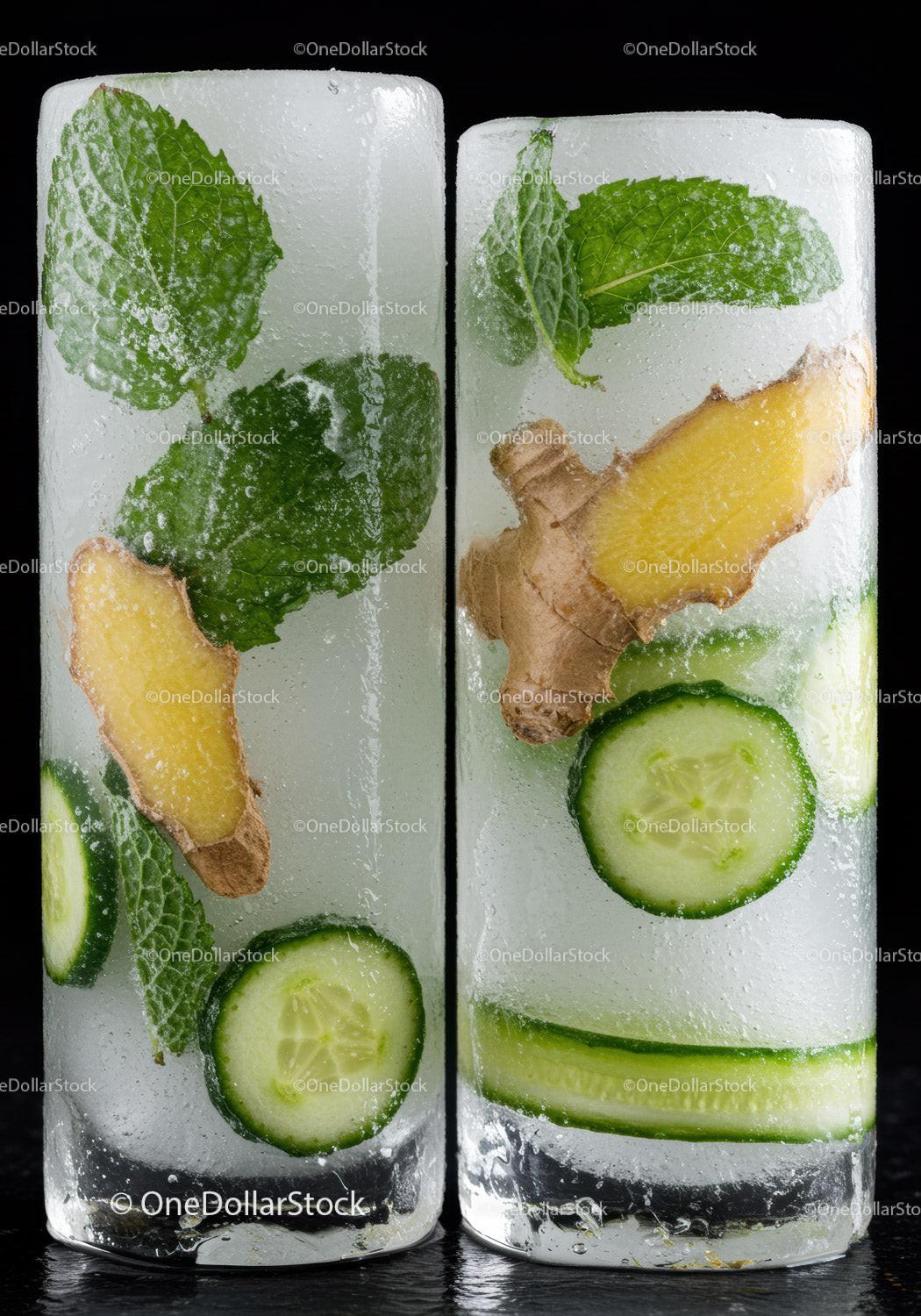 Refreshing ice cubes with mint cucumber and ginger slices