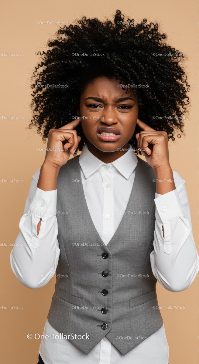 Confused Woman Expressing Frustration with Curly Hair in Business Attire