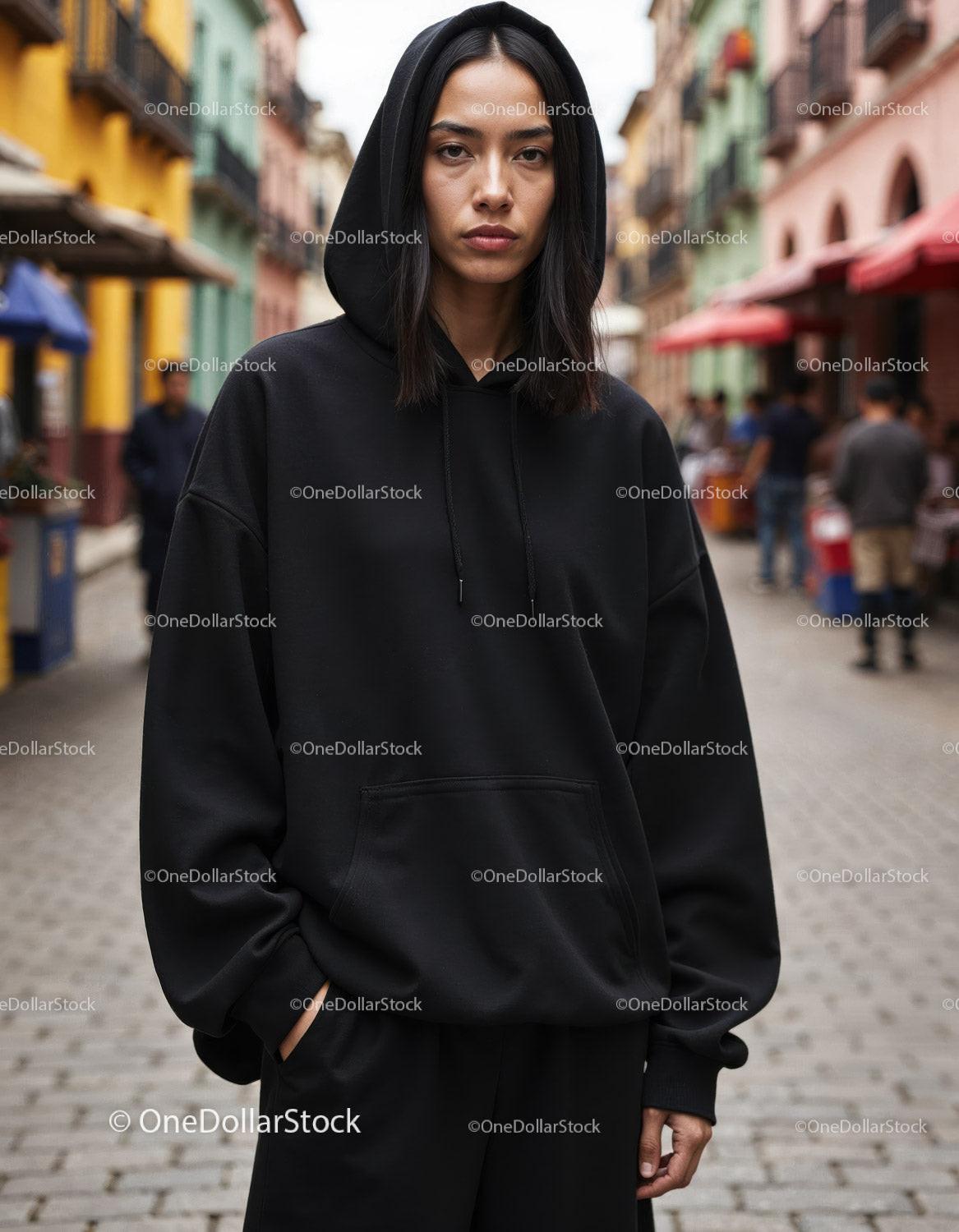Fashionable Woman Wearing Black Hoodie in Urban City Street Stock Photo Bundle preview
