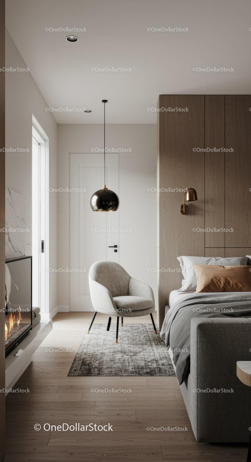 Cozy modern bedroom corner with armchair and fireplace