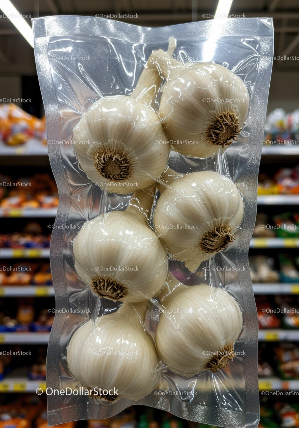 Vacuum Packed Fresh Garlic Bulbs in Grocery Store