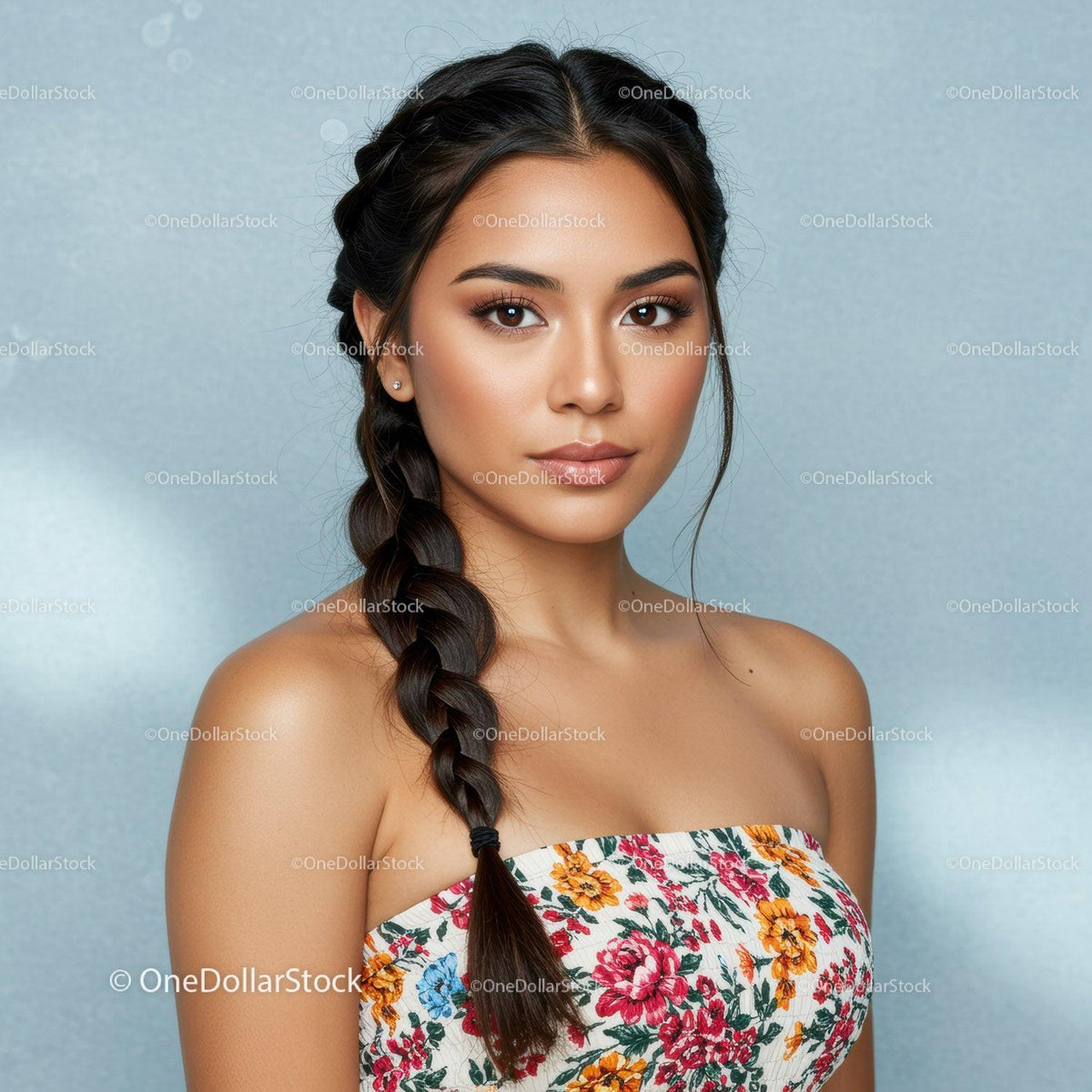 Portrait of a Young Woman Wearing a Floral Dress with Braided Hair