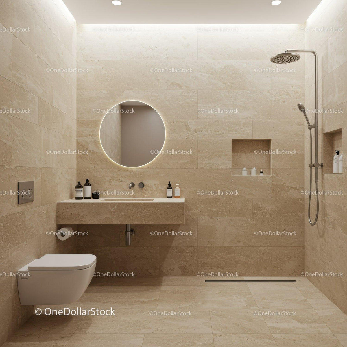 Modern beige marble bathroom with walk-in shower and circular LED mirror