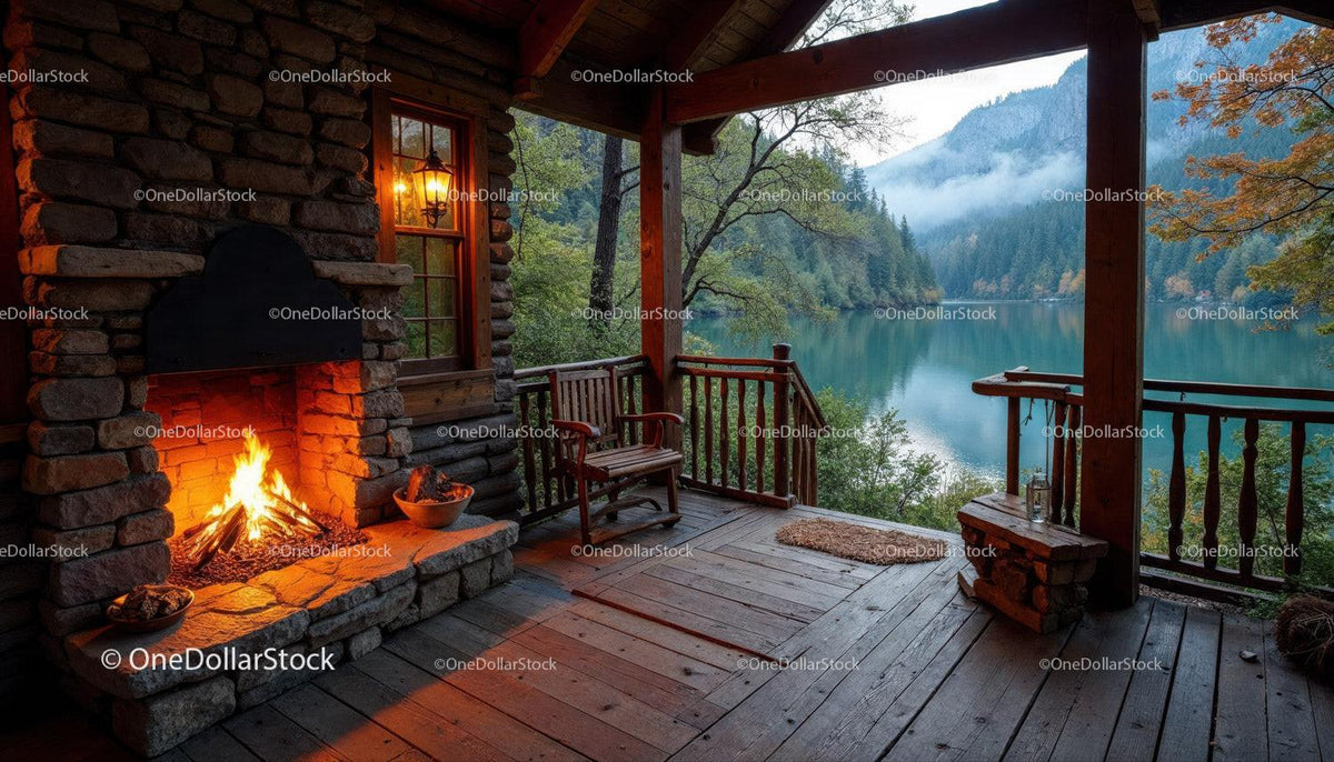 Rustic Cabin Porch with Firepit and Scenic River View Stock Photo Bundle preview 17