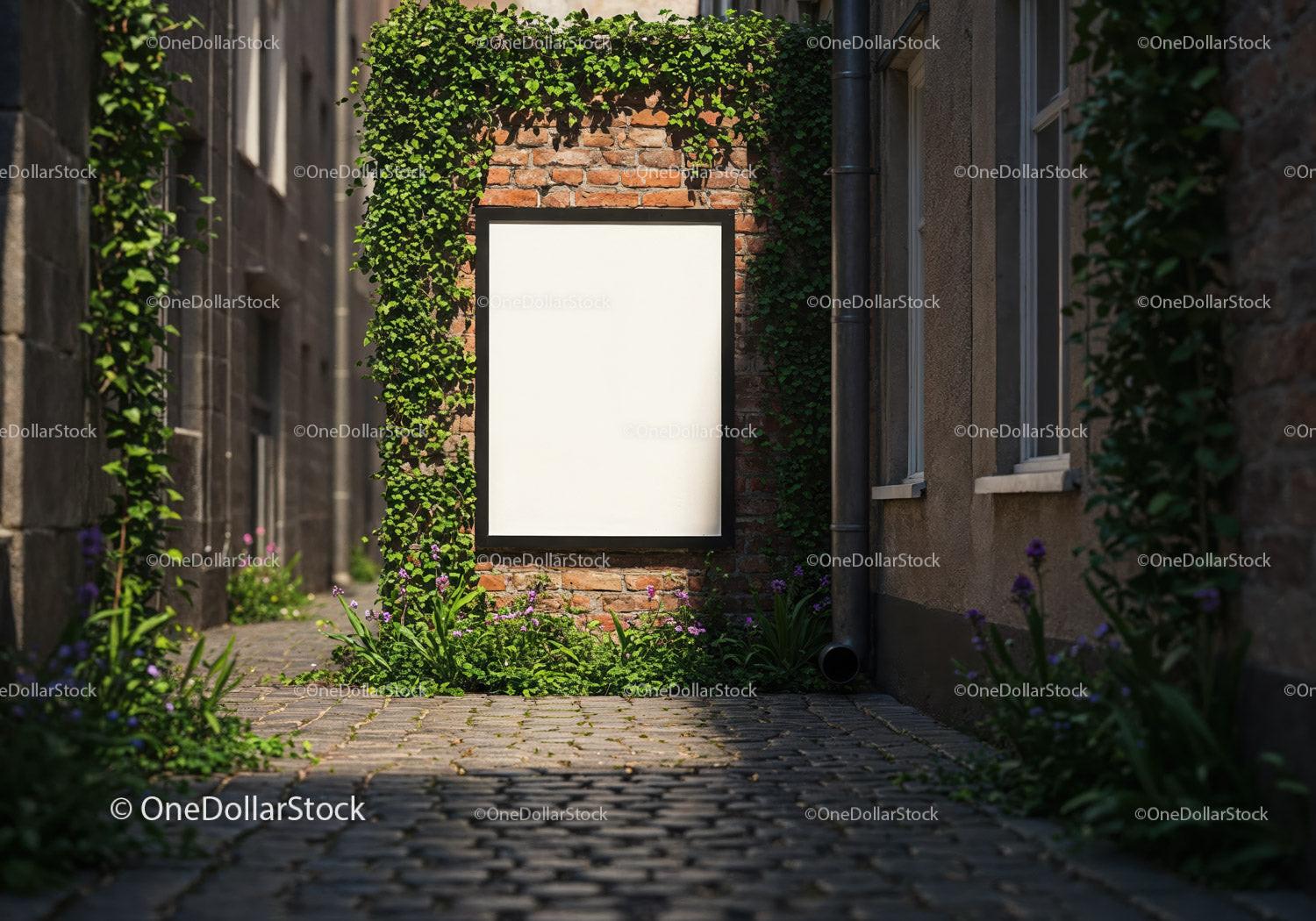 Blank Lightbox Poster on Brick Wall in Sunny Alley