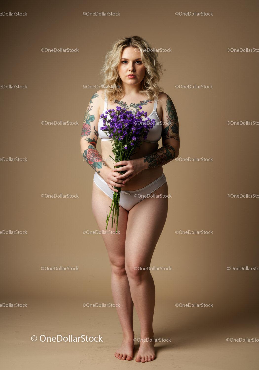 Confident Curvy Woman with Tattoos Holding Purple Flower Bouquet Studio Portrait