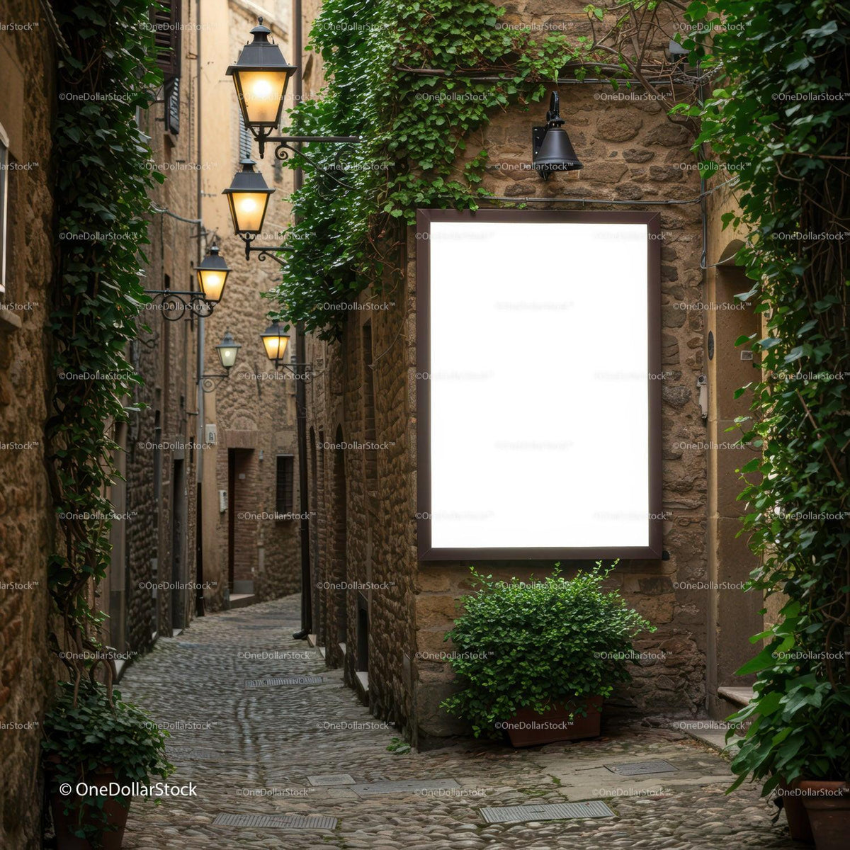 Cozy Narrow Street with Vintage Lanterns and Blank Signboard JPG Mockup Image preview