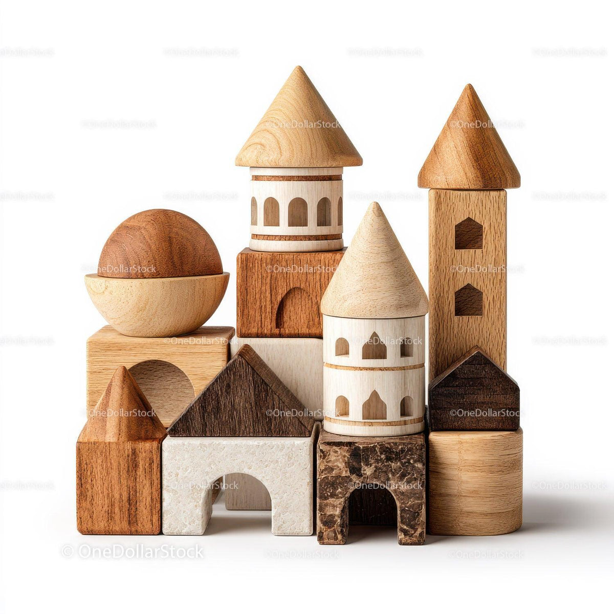 Arrangement of Wooden Geometric Shapes with Natural 48 JPG Files digital asset preview