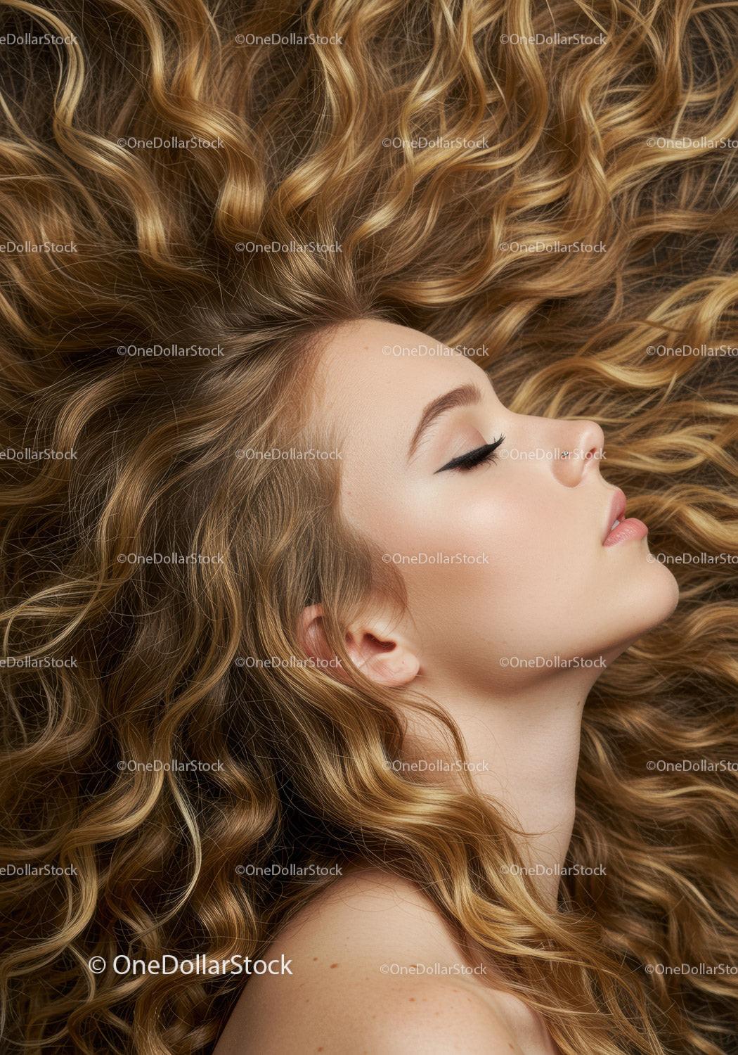 Young woman with flowing curly blonde hair and closed eyes