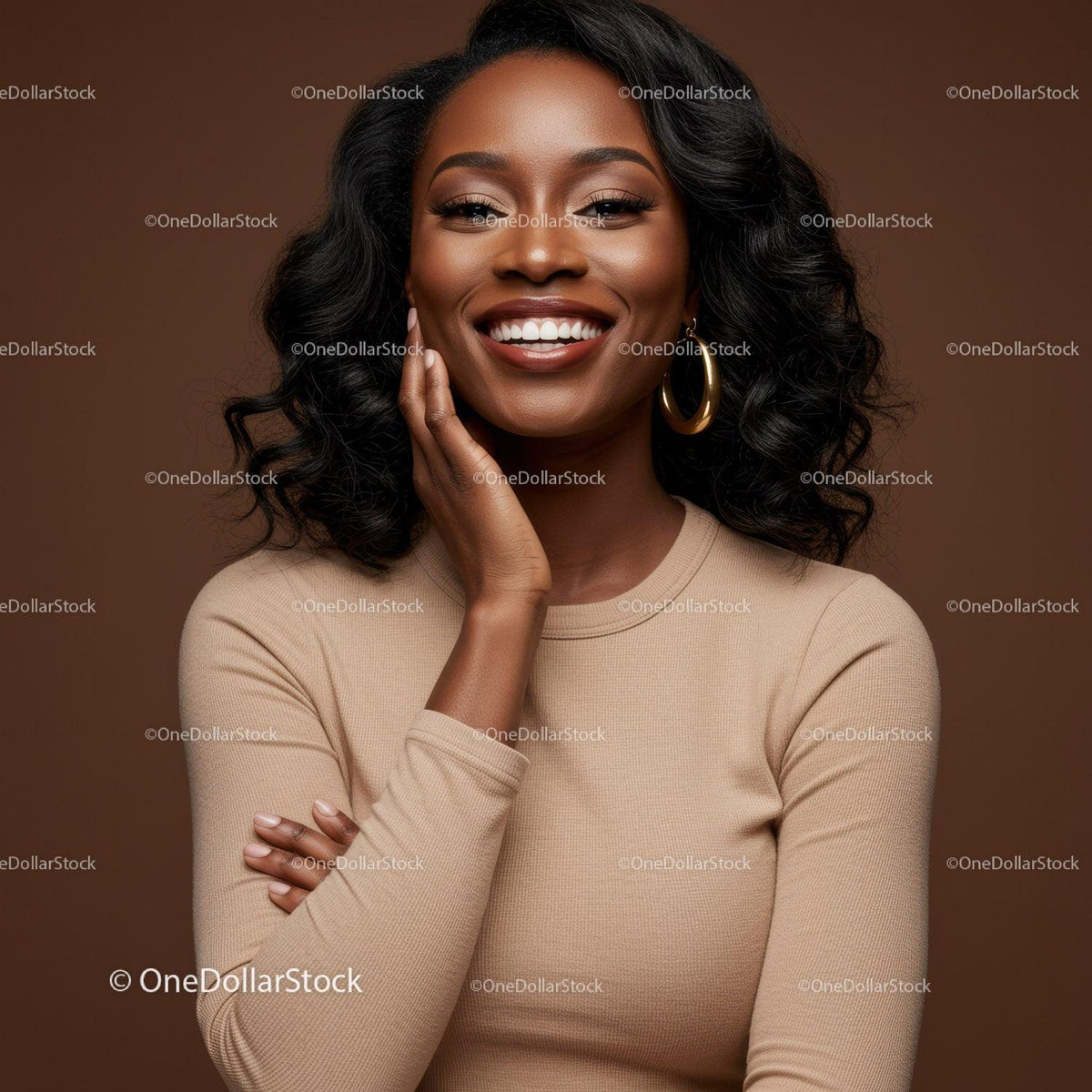 Elegant Woman with Radiant Smile and Curly Hair in Studio Portrait