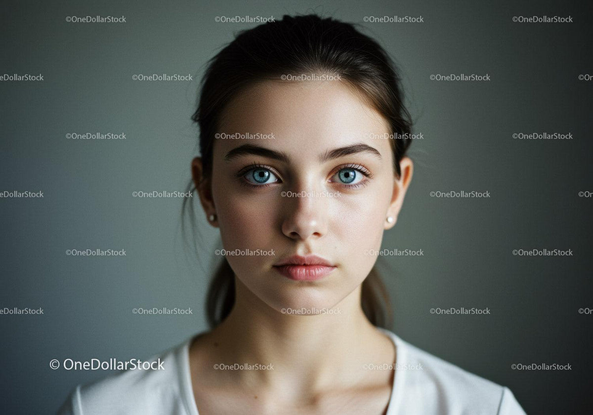 Portrait of Young Woman with Bright Blue Eyes and Natural Makeup