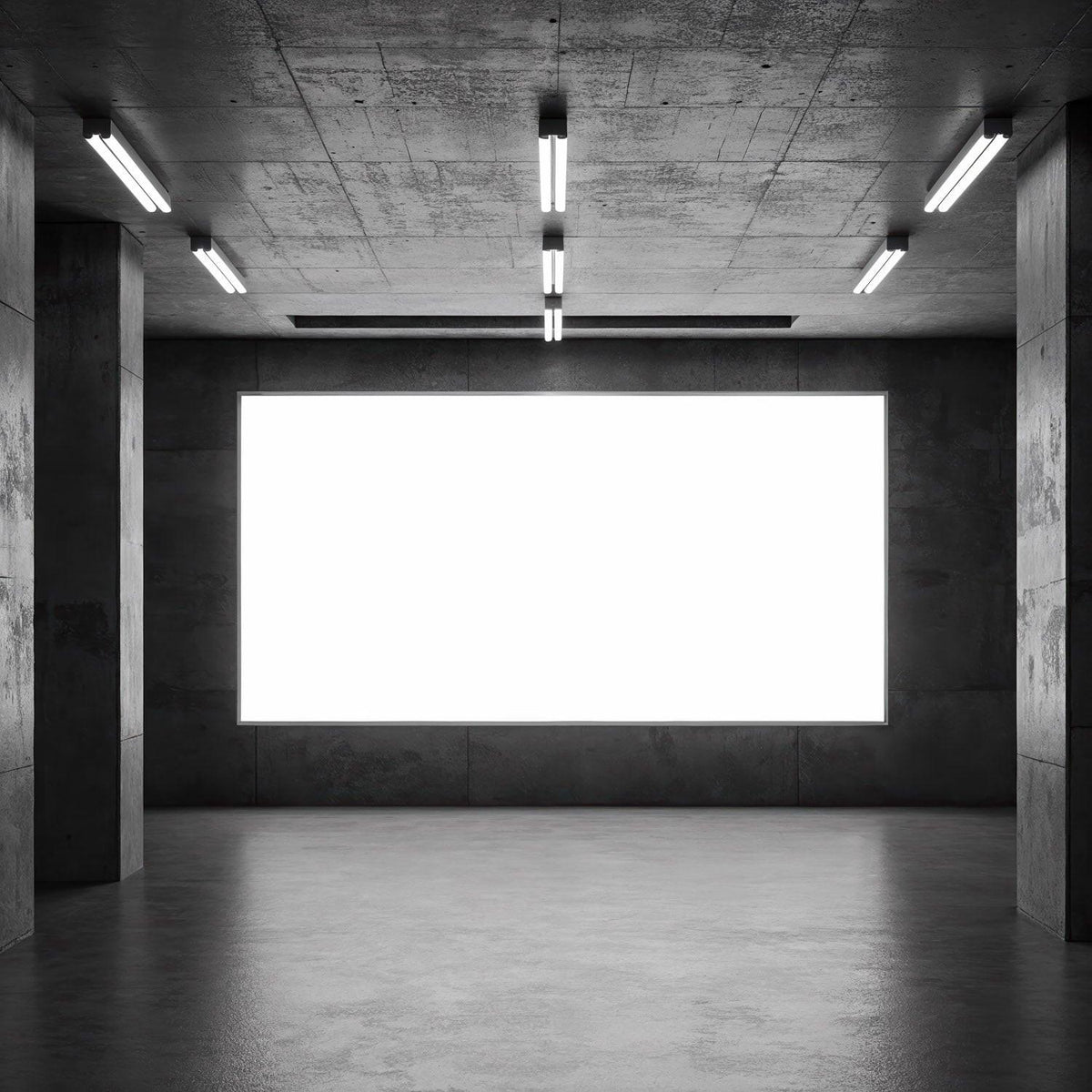 Empty industrial space with large illuminated display panel JPG Mockup Image preview