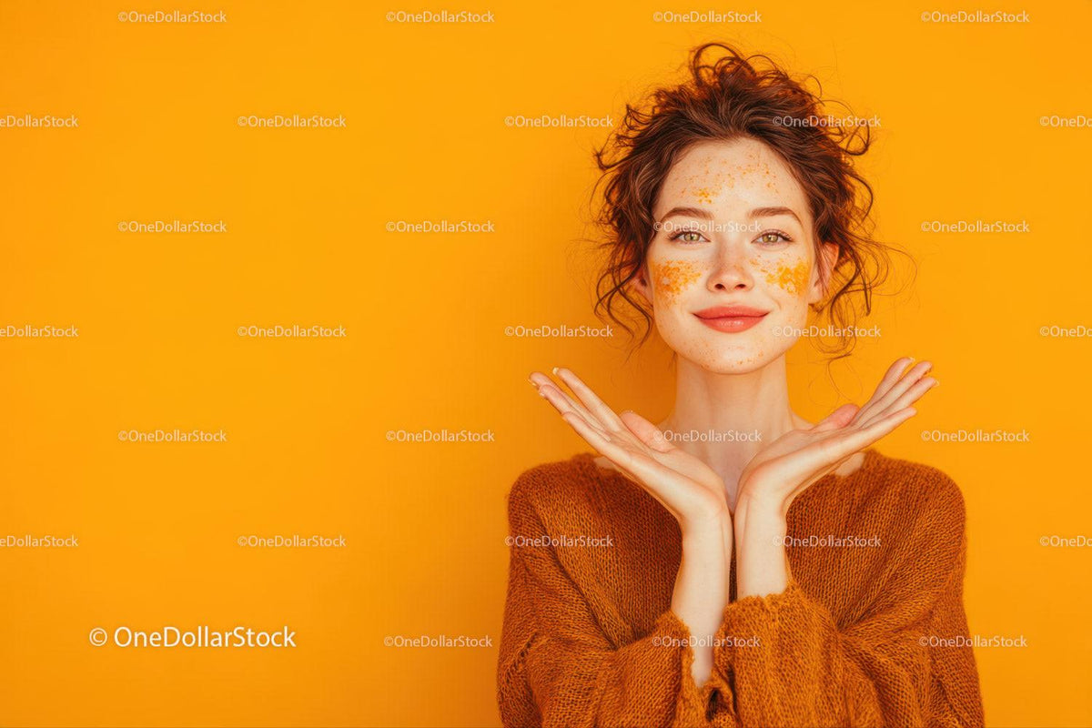 Portrait of a Smiling Young Woman with Freckles Against Bright Orange Background