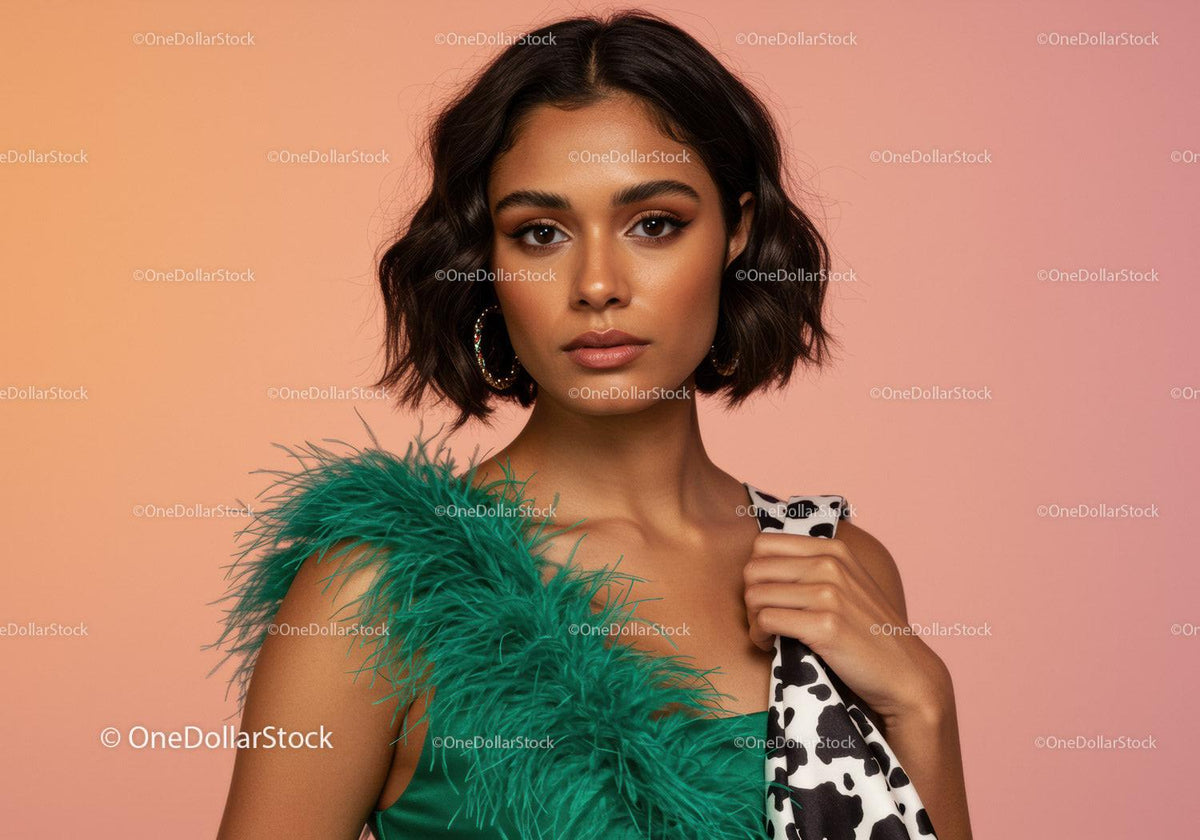 Young Woman in Fashionable Green Feathered Dress with Cow Print Scarf