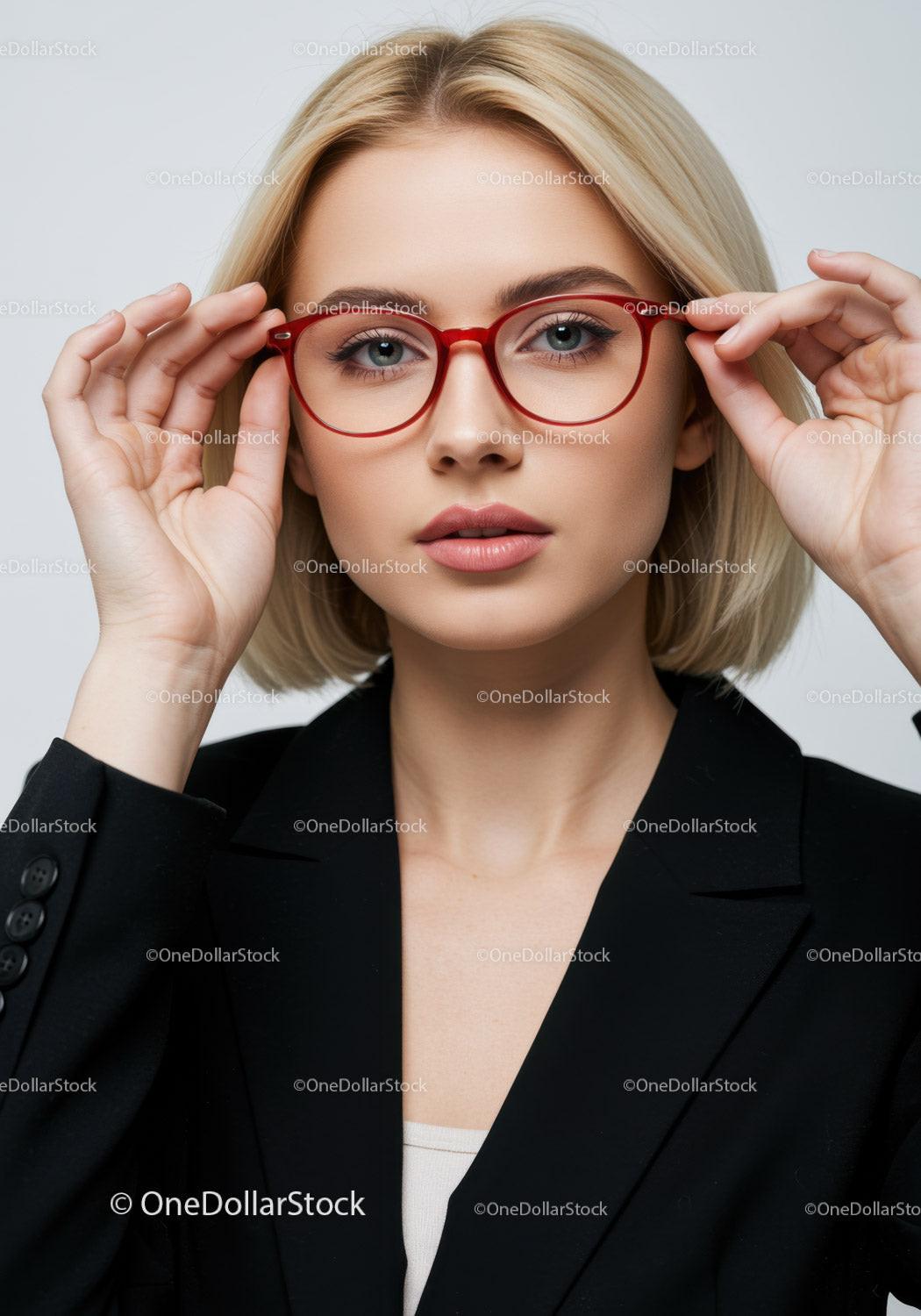 Confident Woman with Red Glasses in Studio Portrait