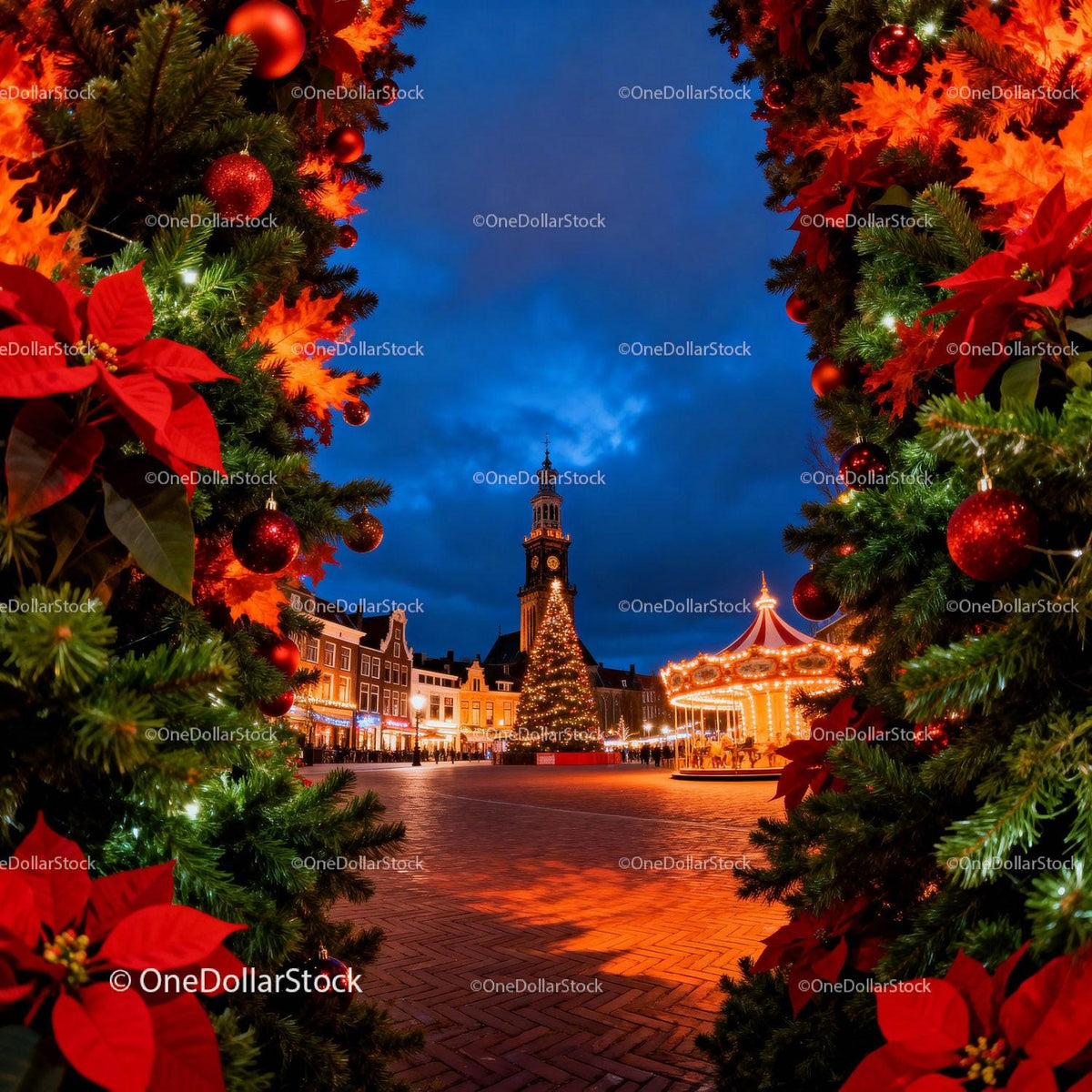 Festive town square with Christmas tree and carousel lights