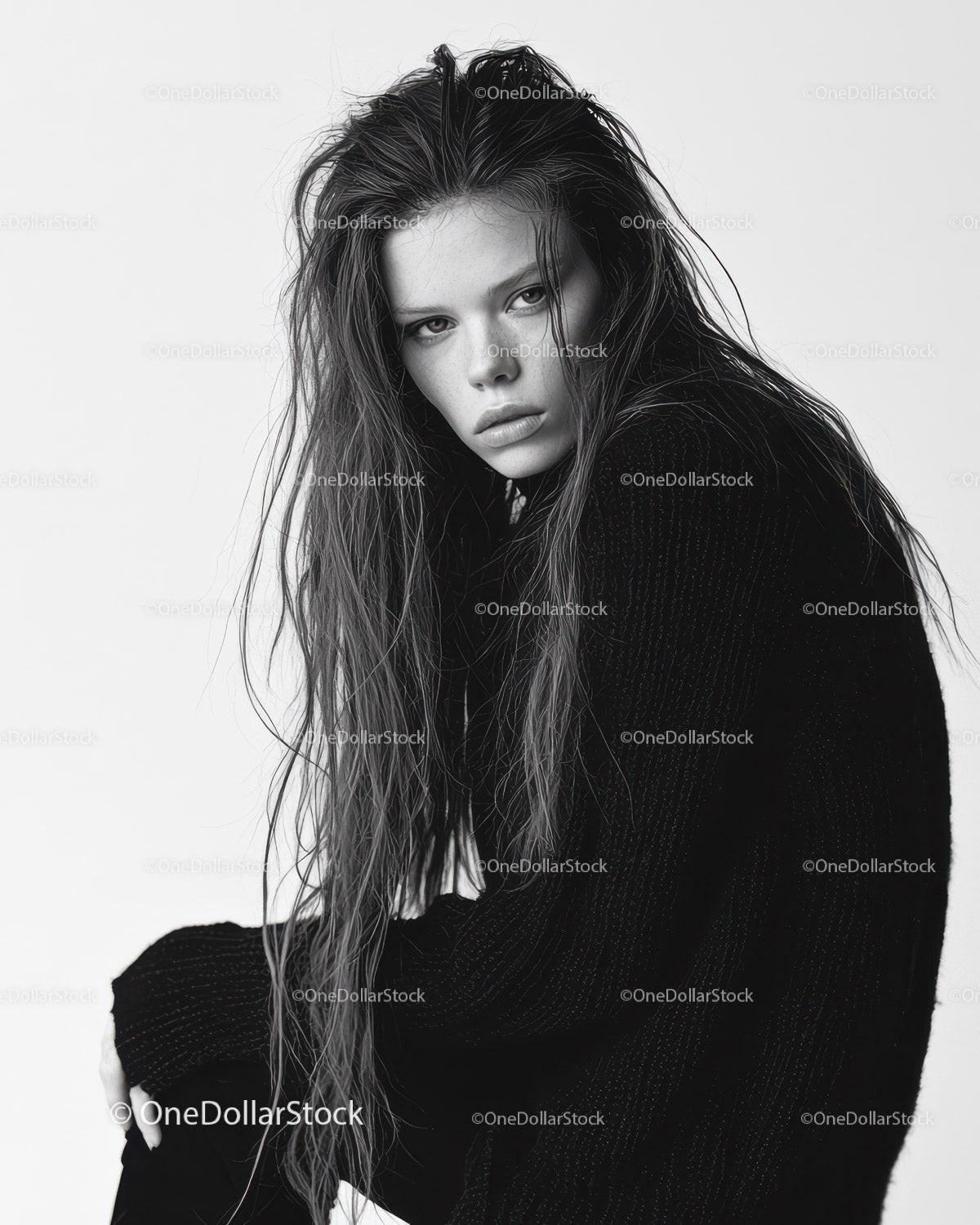 Black and White Portrait of a Woman with Intense Gaze and Wet Hair
