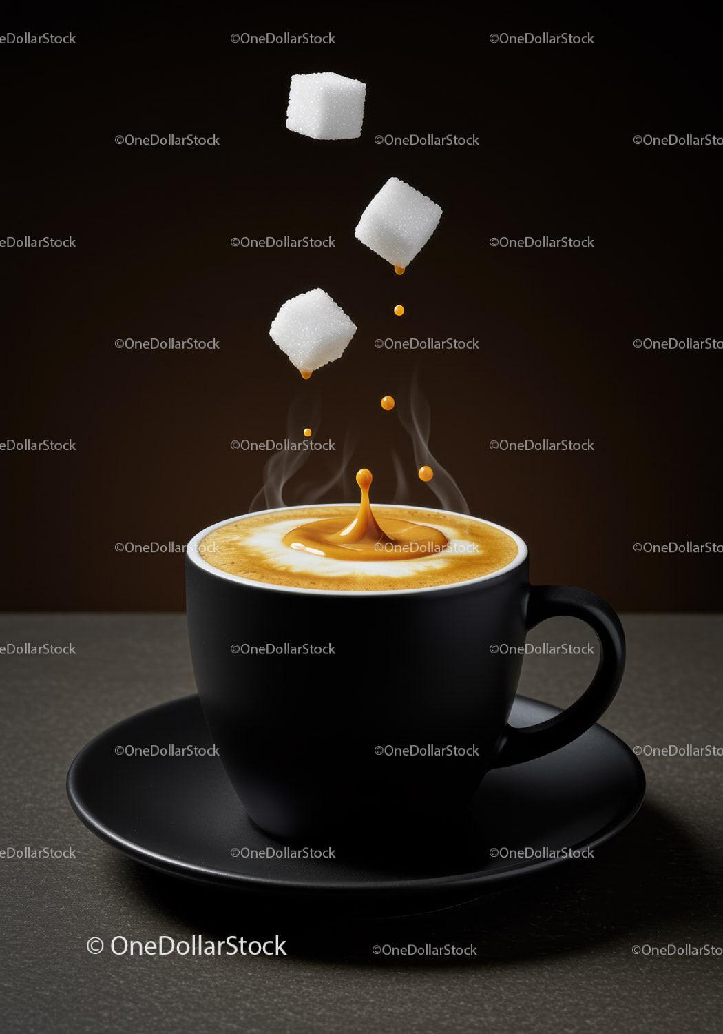 Black cup of steaming coffee with sugar cubes falling
