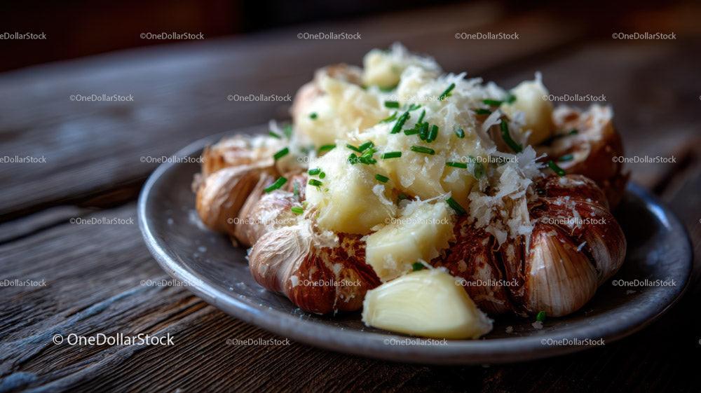 Roasted Garlic and Mashed Potatoes on a Rustic Plate