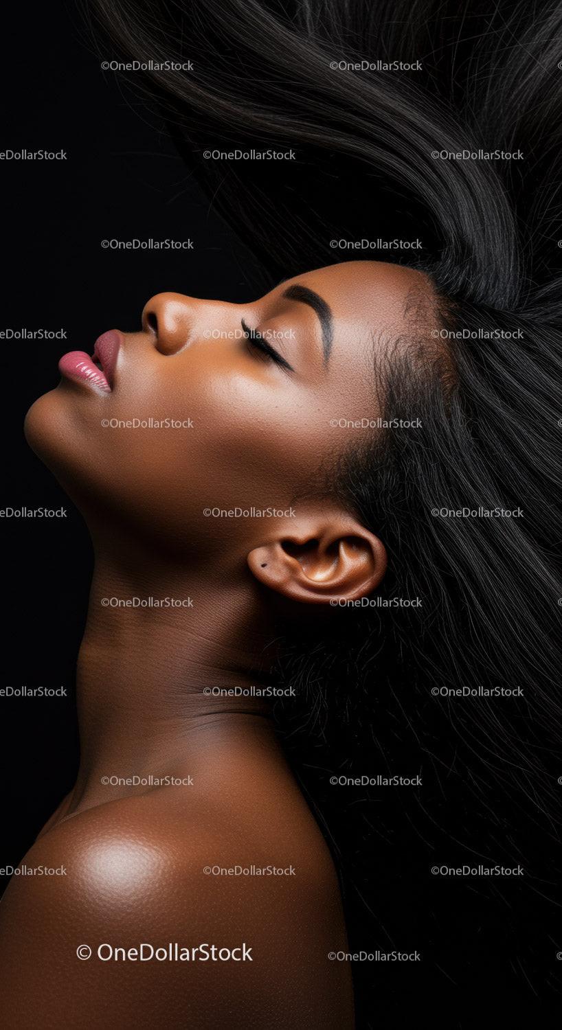 Serene profile of woman with flowing hair and smooth skin