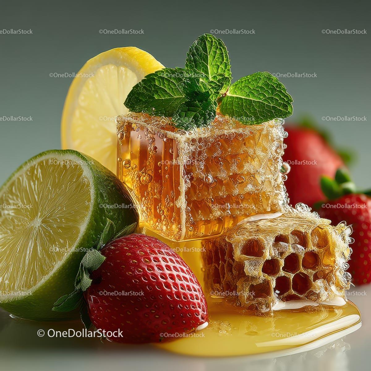 stock photo bundle made with Fresh Honeycomb with Strawberries and Lime Garnish Stock Photo Bundle