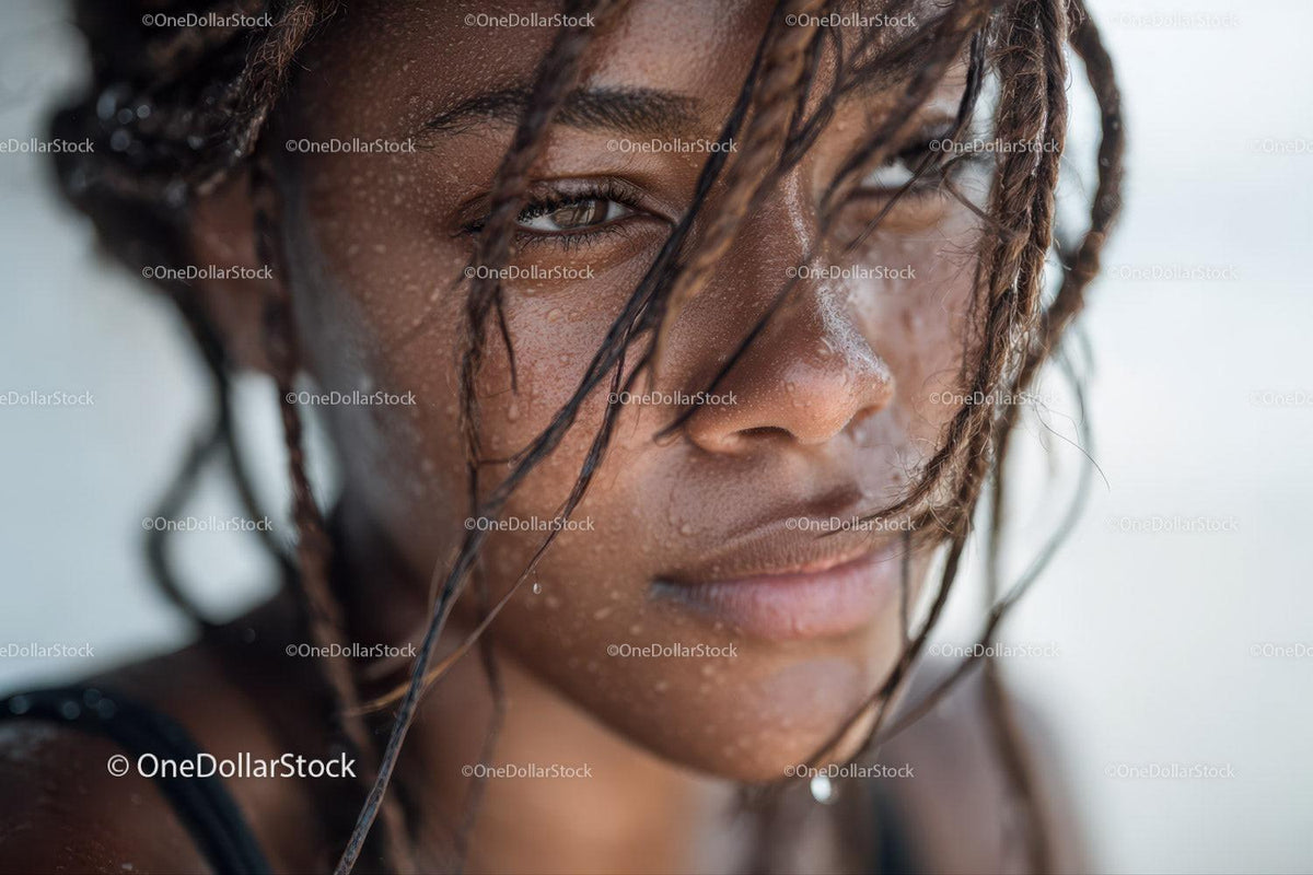 Close-up of Smiling Woman with Water Droplets on Skin