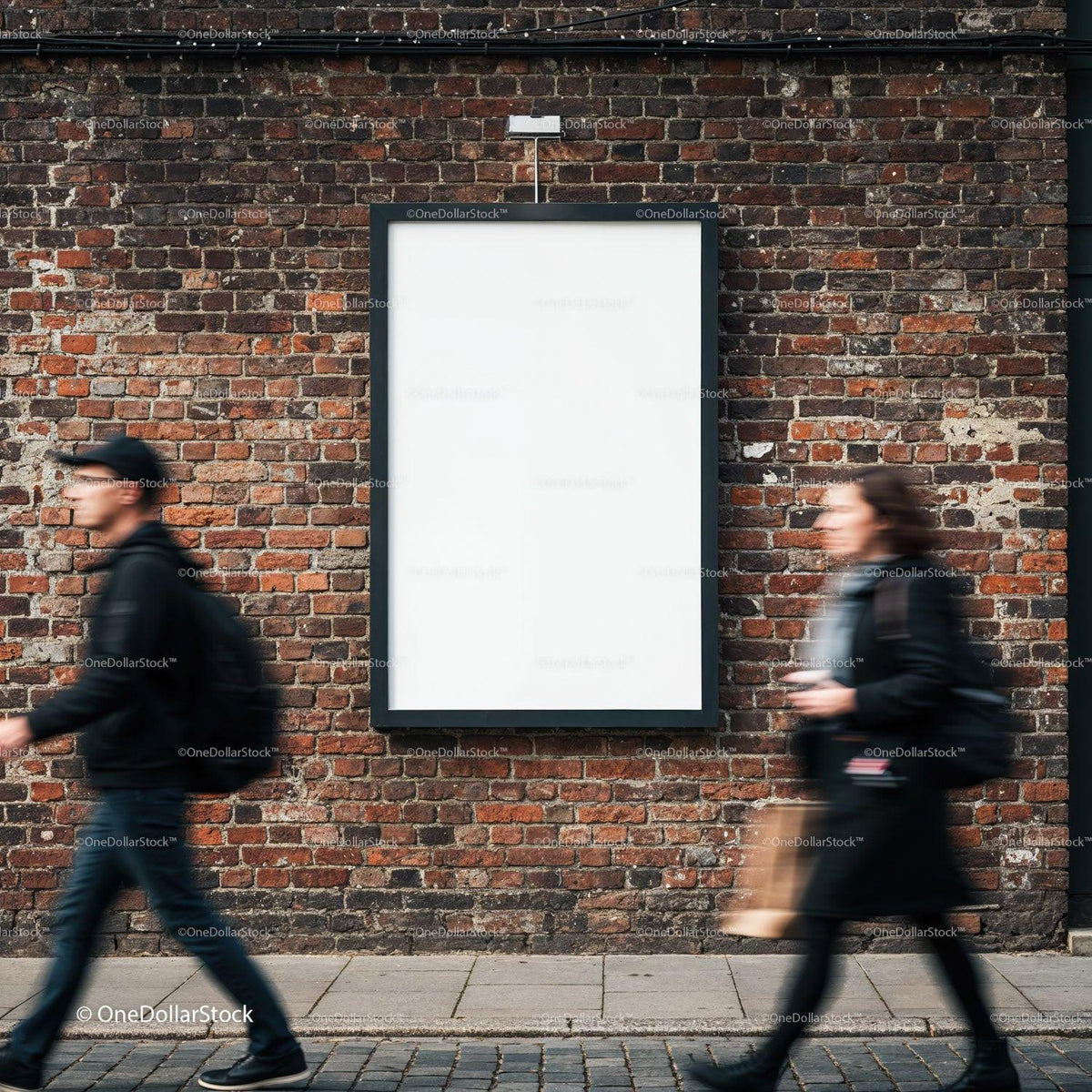 Empty street poster on rustic brick wall with pedestrians JPG Mockup Image preview