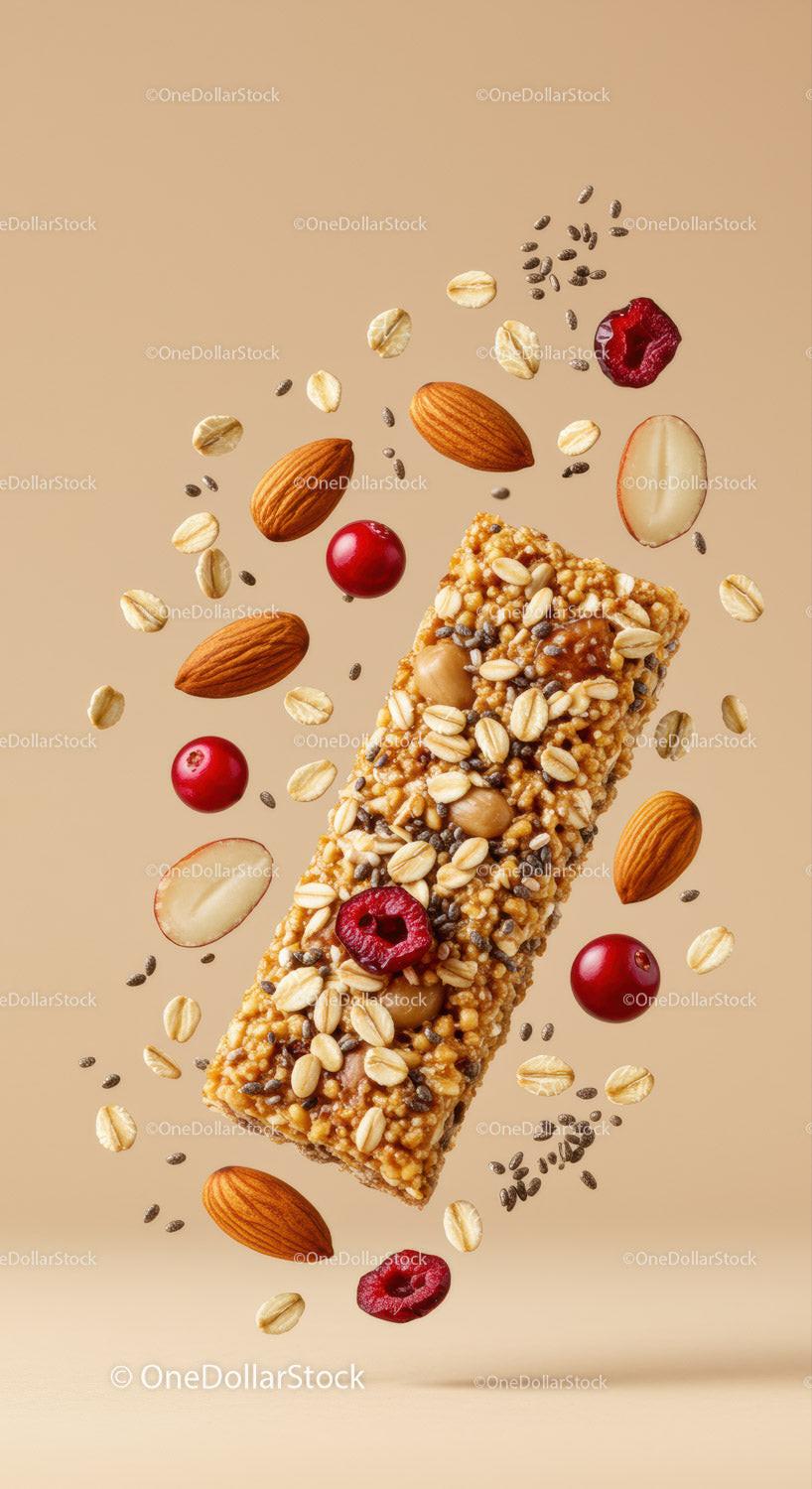 Healthy granola bar with nuts and berries floating on beige background