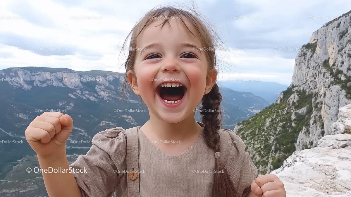 Young girl with braided hair smiling broadly with fists raised in front of rocky mountains