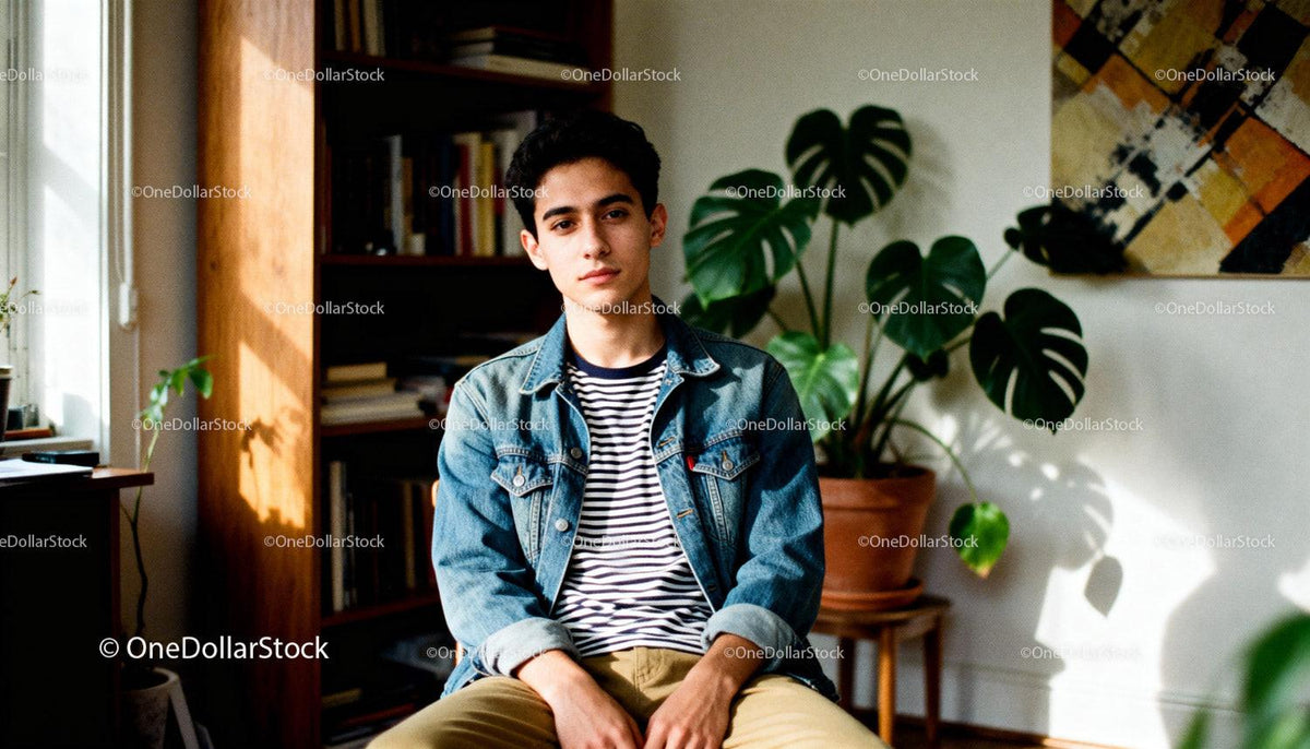 Thoughtful young man sitting in cozy home library