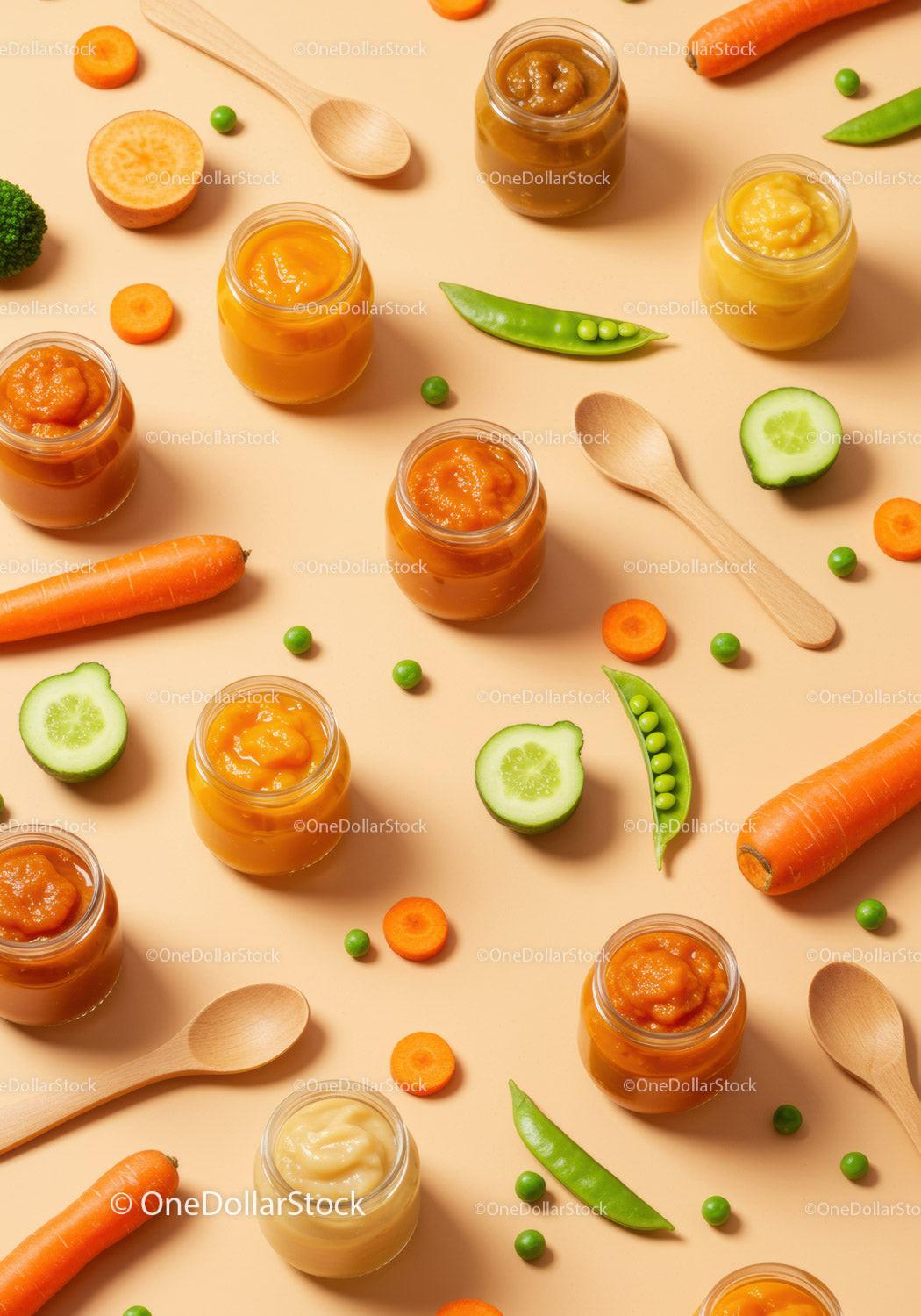 Assorted vegetable purees in jars with fresh produce