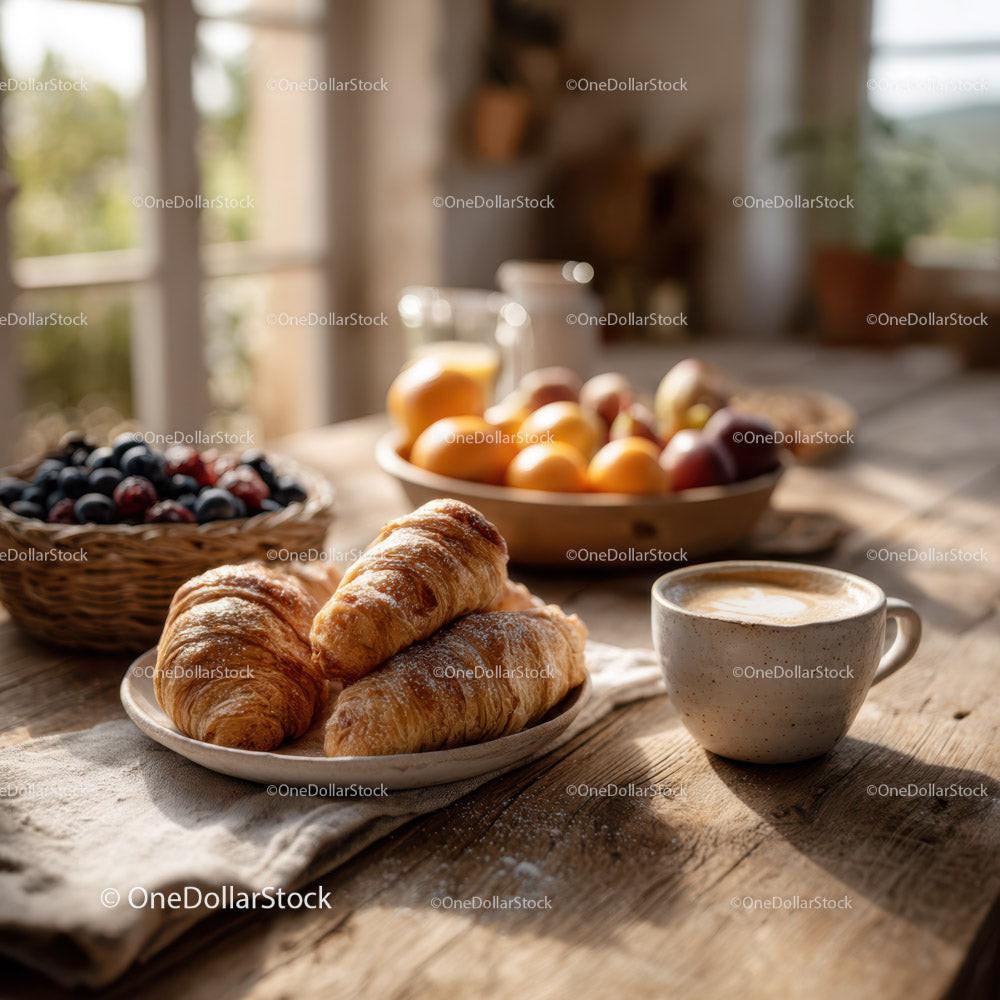 Fresh Croissants with Fruit and Coffee in Cozy Kitchen Scene