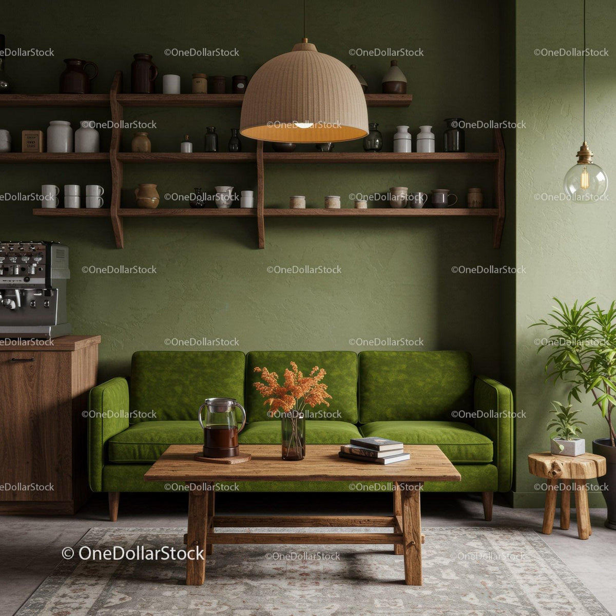 Cozy living room with green sofa and wooden accents