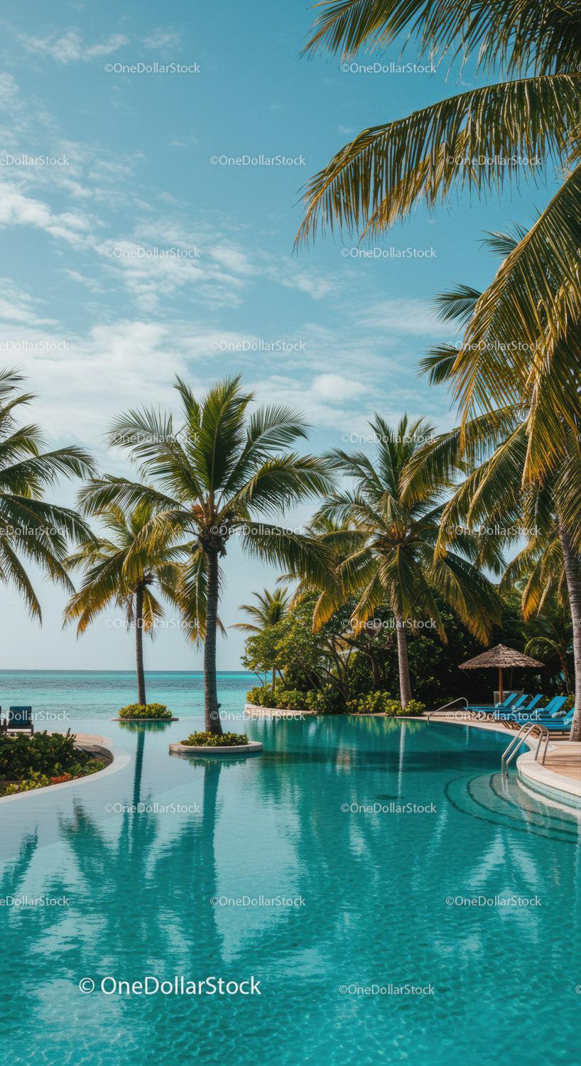 Tropical Poolside Scene with Palms and Ocean Views in Sunny Weather