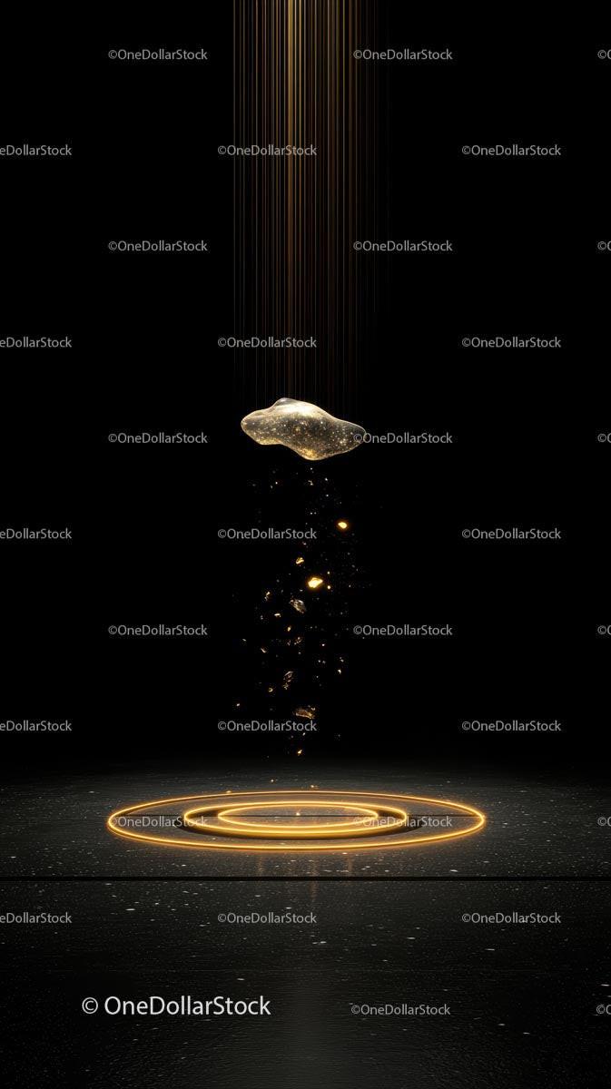 Floating Gold Nugget with Glowing Rings in Digital Space