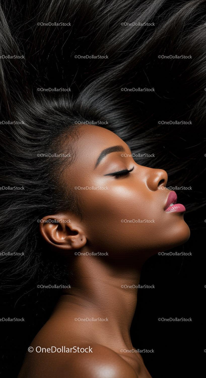 Close-up profile of woman with flowing black hair