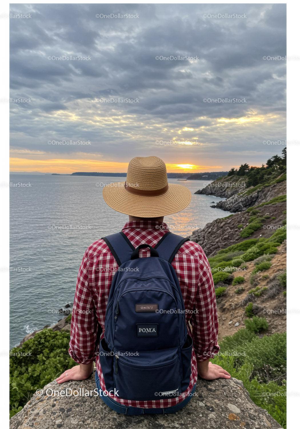 Woman with Backpack Sitting on Rocky Cliff Overlooking Sunset Ocean