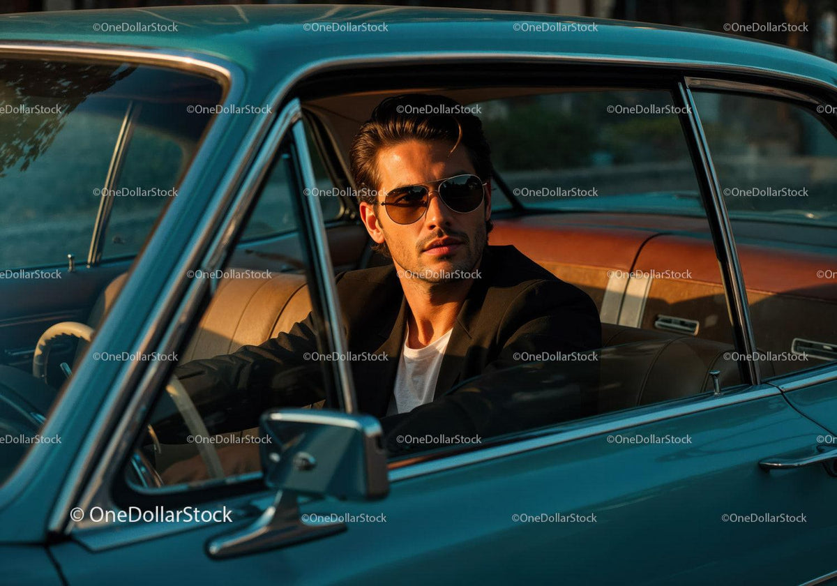 Stylish Man in Sunglasses Sitting in Classic Vintage Car at Sunset Stock Photo Bundle preview 25