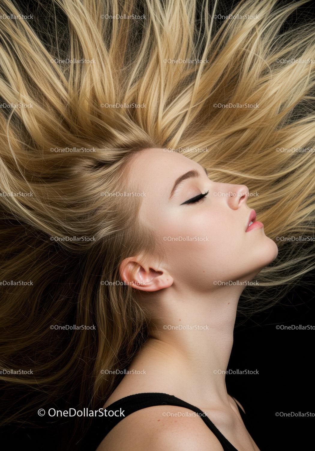 Blonde woman with flowing hair and closed eyes profile