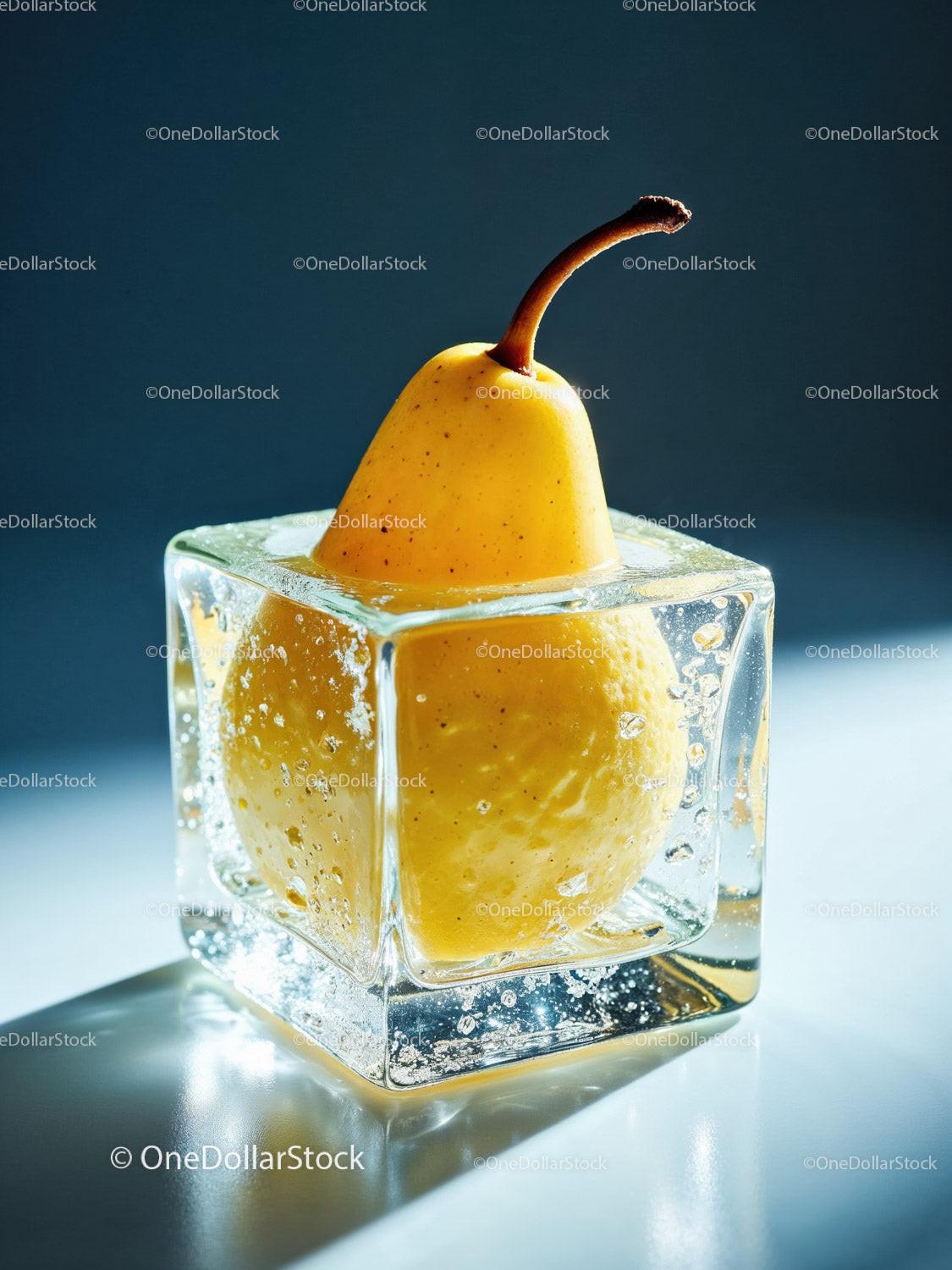 Yellow pear encased in a clear ice cube