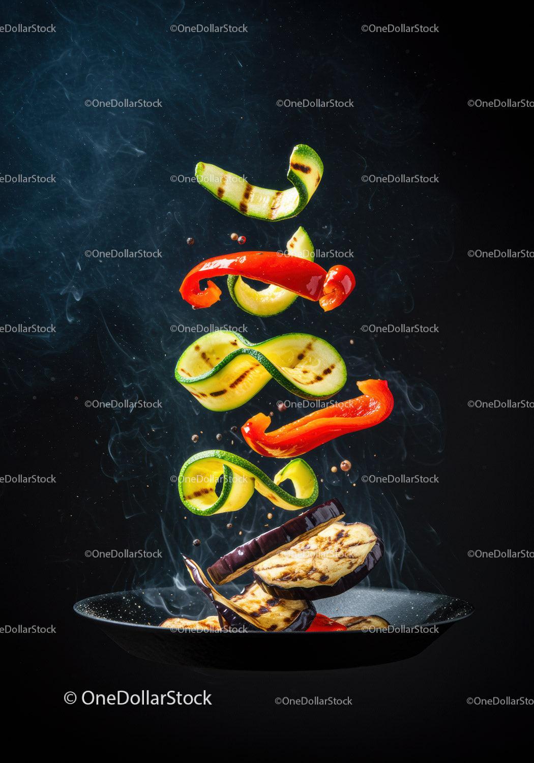 Grilled Vegetables Floating Over Hot Pan with Smoke