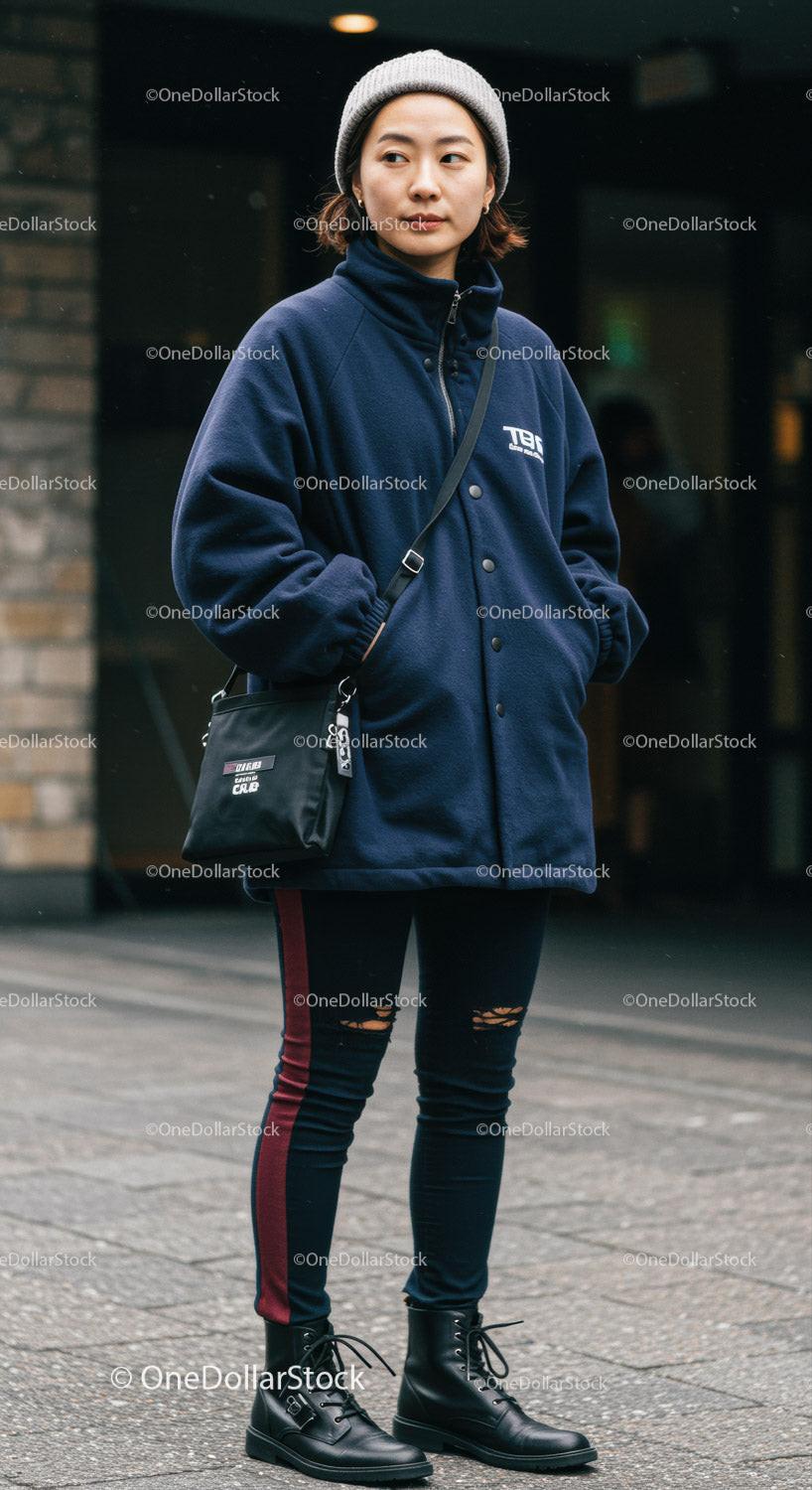 Youthful woman in casual streetwear standing outdoors in urban environment