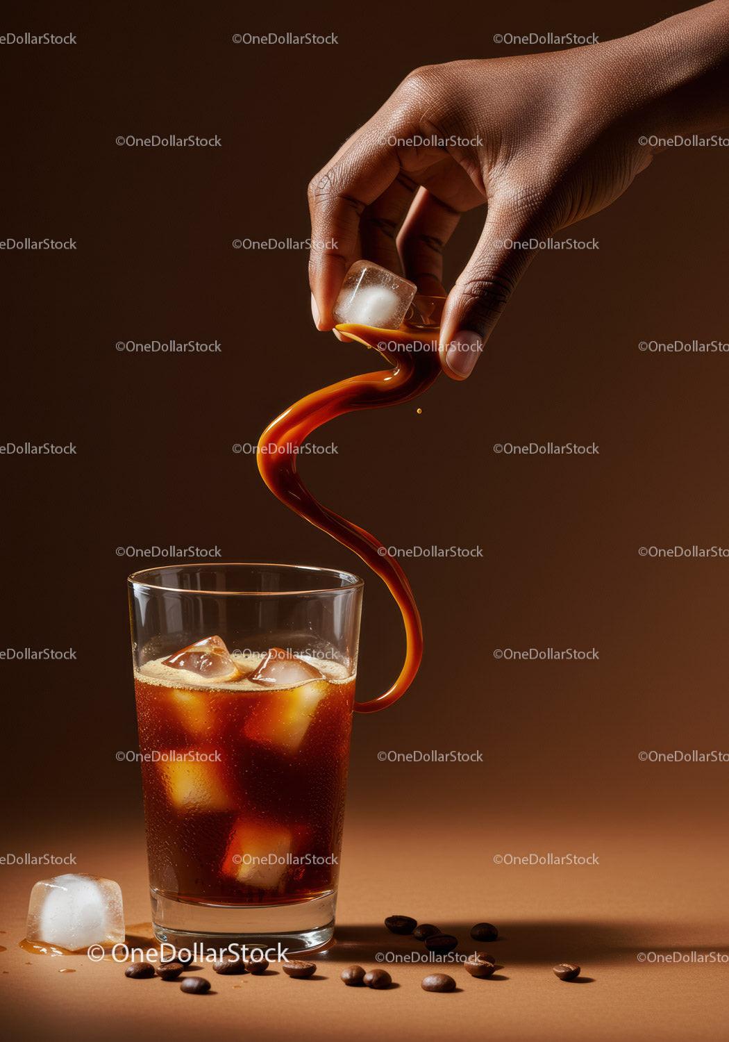 Hand Adding Ice Cube to Glass of Cold Brew Coffee