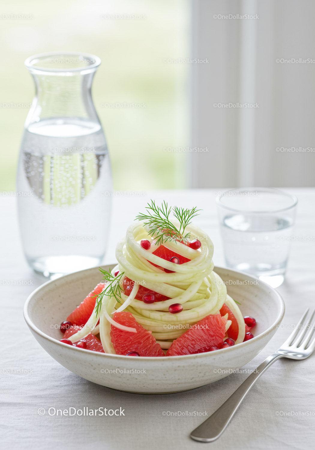 Fresh cucumber salad with grapefruit and pomegranate seeds