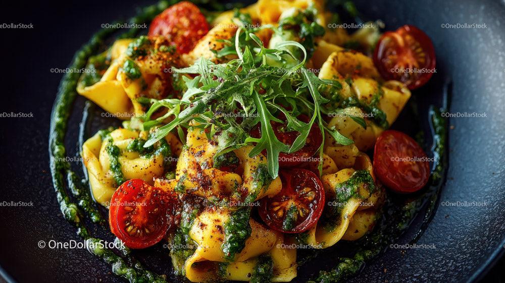 Creamy Fettuccine Pasta with Cherry Tomatoes and Basil Stock Photo Bundle creative preview 4
