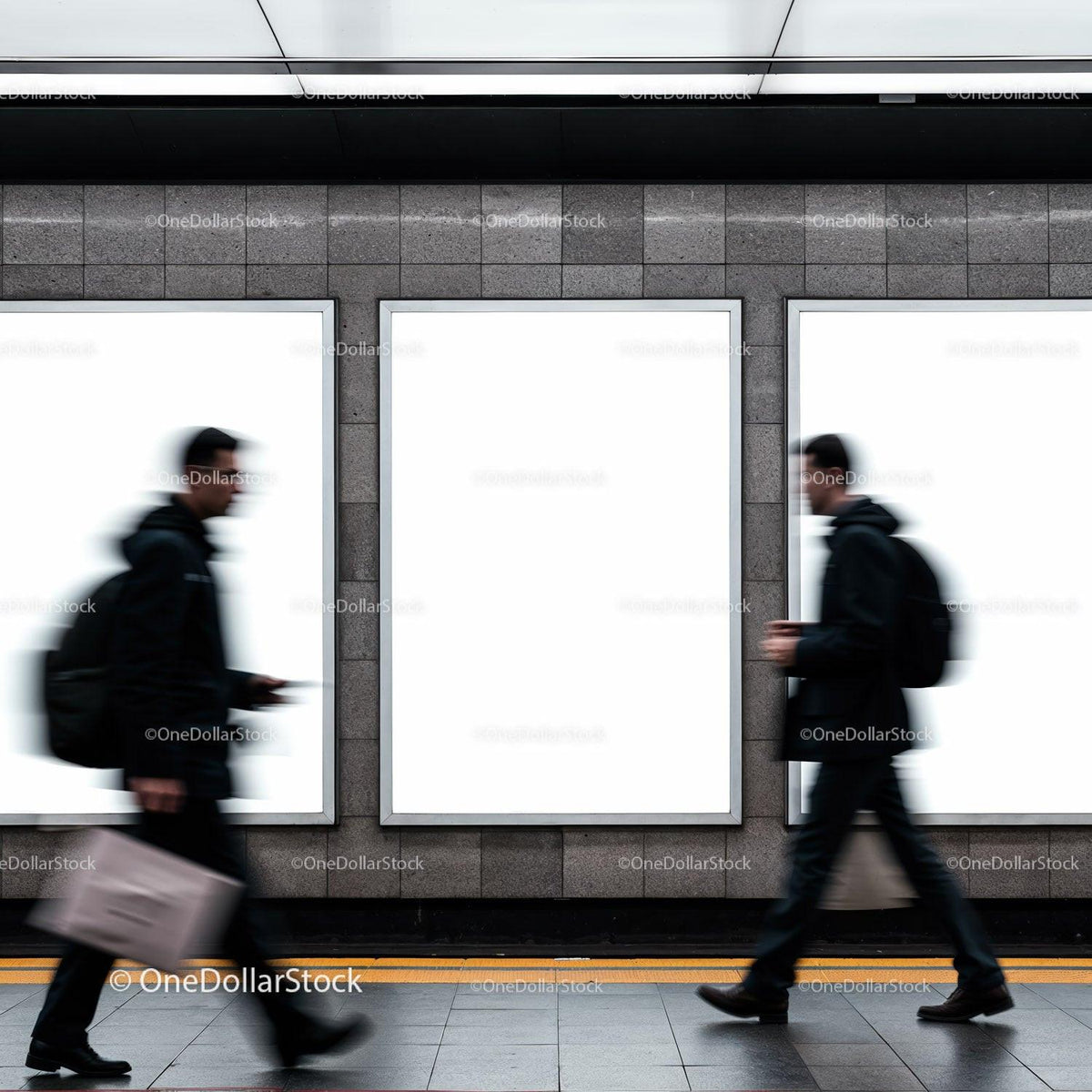 Blurred commuters walking past blank urban advertisements JPG Mockup Image preview