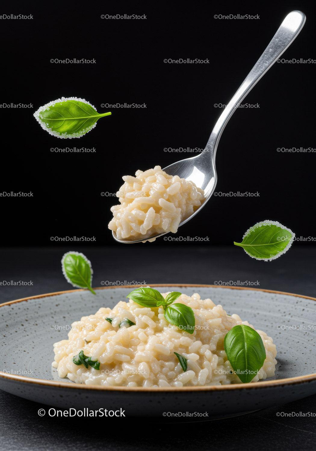 Creamy risotto with fresh basil on a rustic plate
