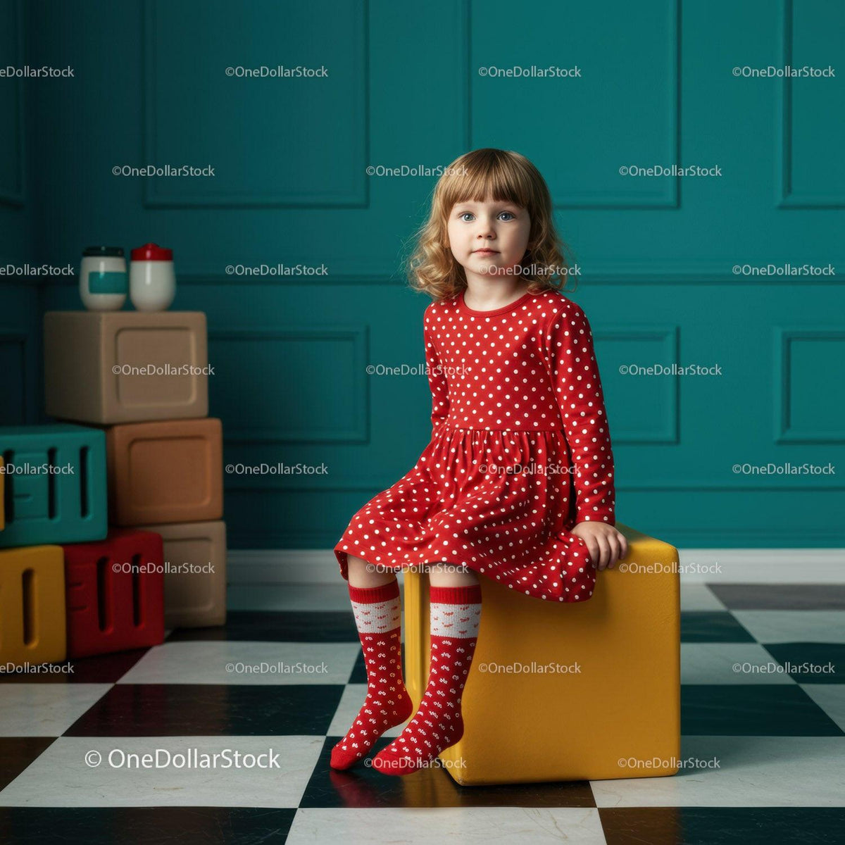 Little girl in red polka dot dress sitting indoors